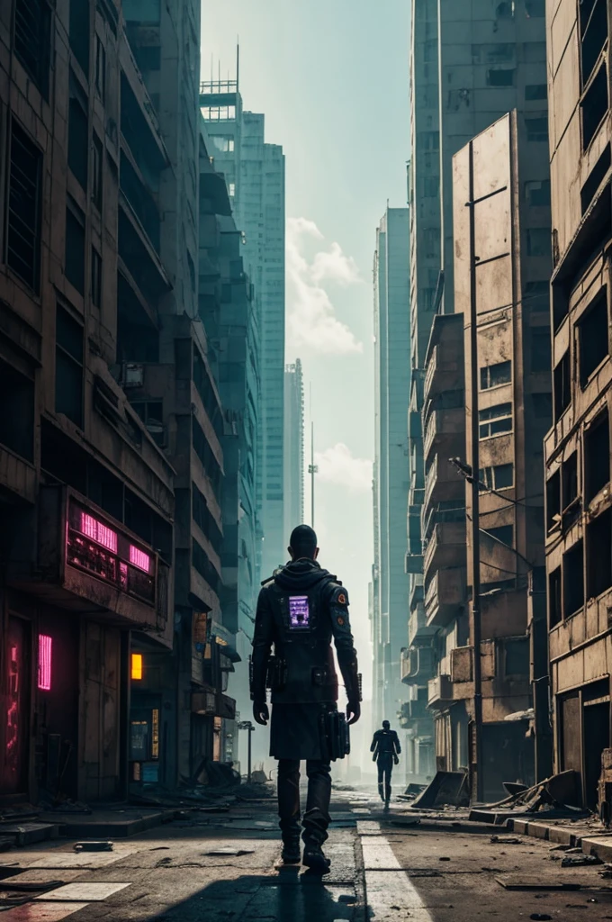 An android walking through a lonely abandoned cyberpunk city