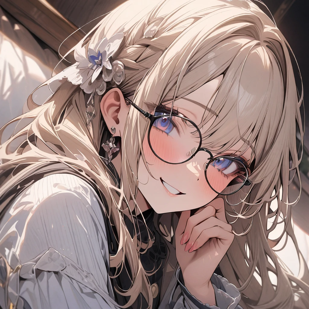 (masterpiece), best quality, very aesthetic, newest, absurdres, detailed, high quality, (close up), 1girl, , friendly, bubbly, modest, glasses, smile, looking at viewer.