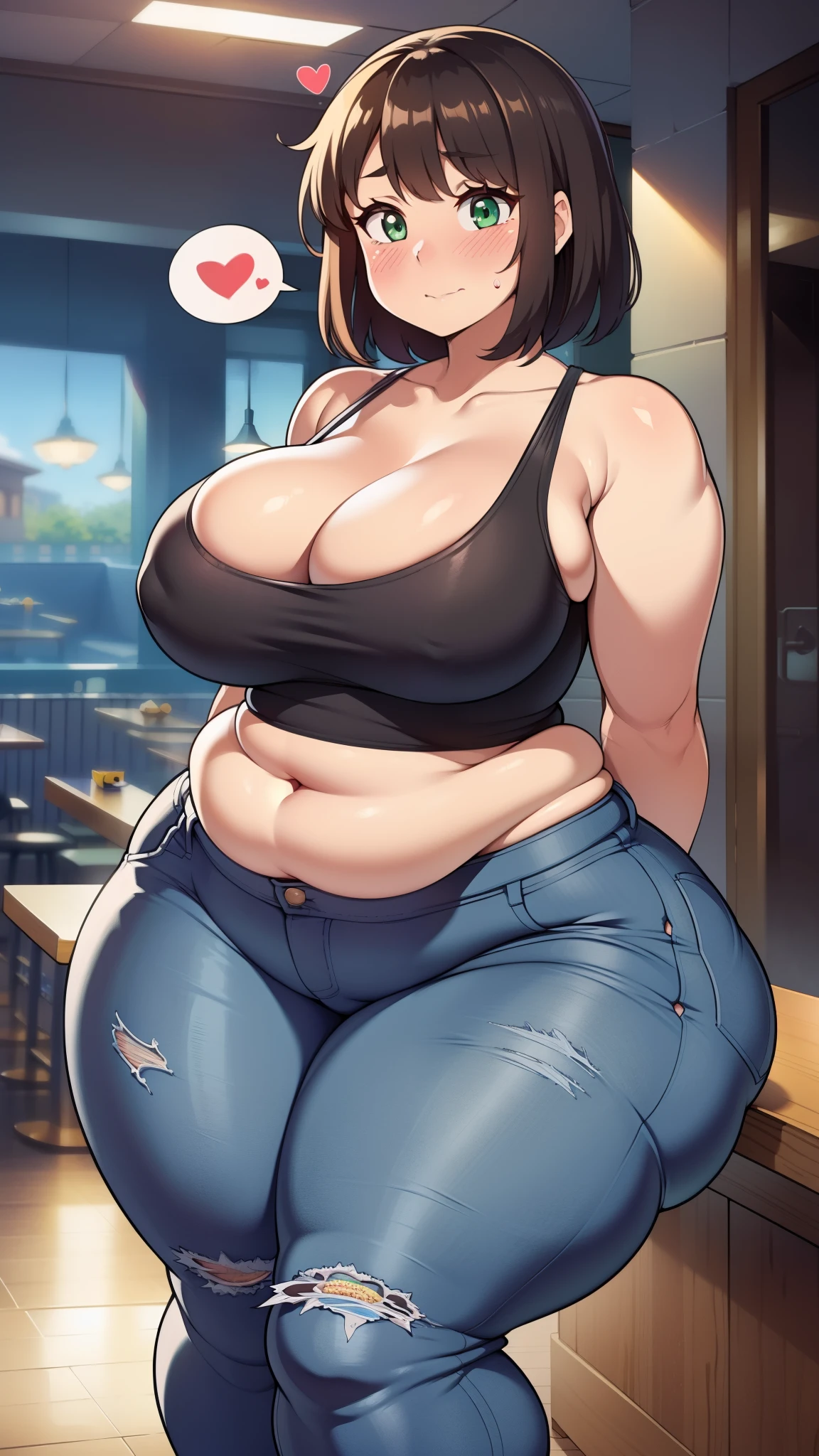 ((highres)), Masterpiece, high quality, best quality, beautiful, perfect lighting, detailed face, ultra cute face, ((1girl)), ((blush)), ((blush)), embarrassed, looking at viewer, skindentation, short brown hair, fluffy hair, green eyes, jeans, tank top, tight clothes, full body, fast food restaurant, medium breasts, perky breasts, cleavage, ((wide hips)), ((massive thighs)), ((plump)), chubby belly, fat folds, standing, arms behind back, looking at viewer, spoken heart,