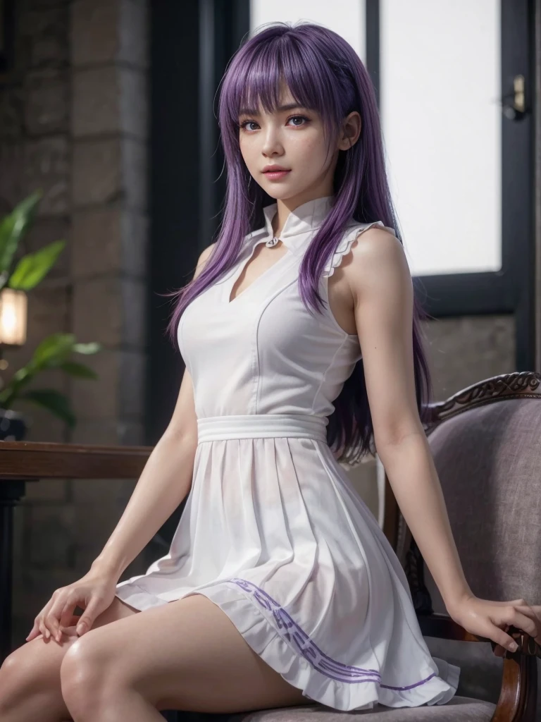 Ayane, cabelo roxo, (best qualityer, ultra detali), (realisitic:1.37), beautiful and detailed face, ultra-realisitic texture, 精致的面容, Delicate body, red lipgloss stick, long-lasting colors. High definition, 8k.