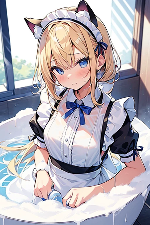 (Ultra high quality:1.6), (Highest quality:1.6), (Attention to detail:1.6), (Ultra-high resolution:1.6), (Detailed face:1.6), (Perfect Face:1,6), (Beautiful Eyes:1,6), (Detailed eyes:1.6), (Maid clothes, White apron, Headband, Black Dress, Blue ribbon, Maid clothes, Classic, Small breasts, Long:1.4), (白と黒のMaid clothes:1.6), (Blonde, Blue Eyes, Cat ear:1.5), cute, The best smile, (Soaking wet, 全身が白いBubbleまみれ:1.6), (Swimming in clothes, bathing, Longの浴槽:1.6), (relax, Relax in the bathtub:1.6), (Bubbleで溢れる浴槽:1.6), (Maid clothesのまま浴槽へ:1.5), 全身にBubble, (衣服にも白いBubble:1,6), (Soak in deep water:1.6), (Bubbleの深いお湯:1.6), (Wash your body with your clothes on:1,4), Bubbleを纏う, (shampoo, Body Soap:1.3), Bubble, 肩までBubbleまみれ, Bubbleまみれのメイド, 頭にもBubble