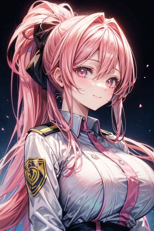 A beautiful young anime girl with large breasts, long pink hair in a ponytail, wearing a service uniform, standing and smiling, detailed facial features, photorealistic, cinematic lighting, vibrant colors, highly detailed, masterpiece