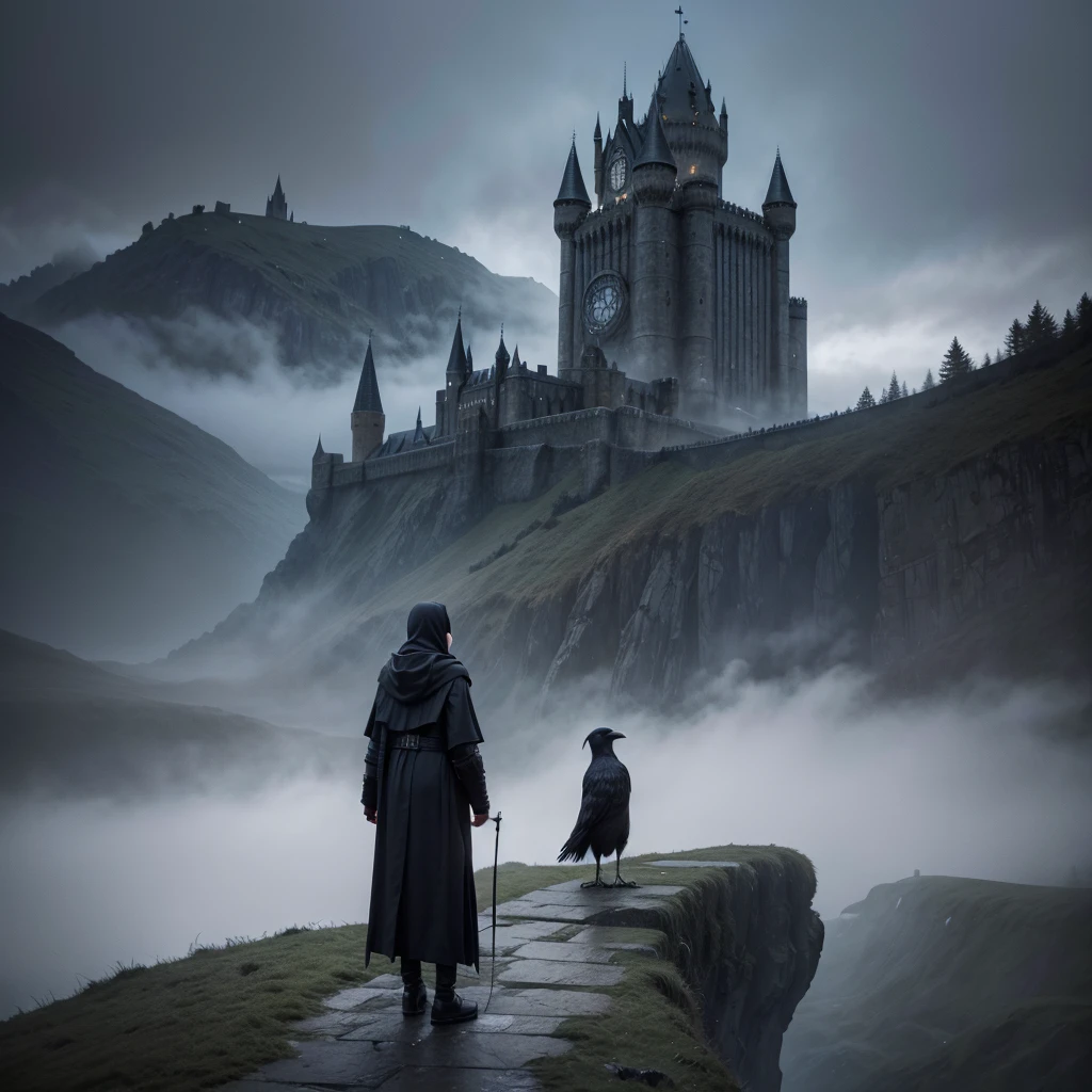 work of art, best qualityer, ultra high resolution, comely, visually stunning, chic, Incredible details, award-winning art, g0s1,hooded cloak,torn cloak, with no face, natta, fog, natta sky, 1 steam0, standing alone, sin humanos, crow, crow de estimação, grim, standing backwards, olhando para um stone castle, Hogwarts, crow, stone castle, dark medial castle, crow de estimação,standing backwards, humano e um crow