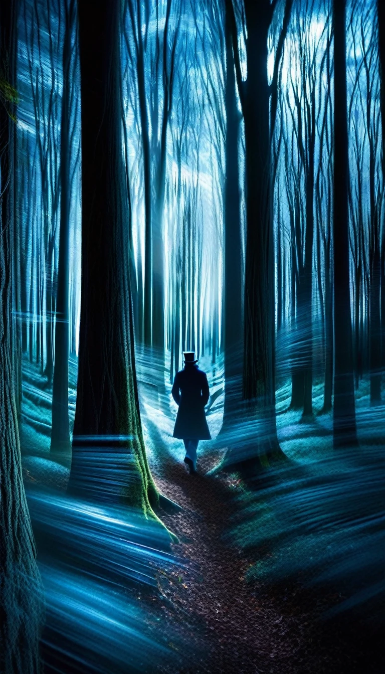 abstract, motion blur, cool color palette, male figure, blue silver dominant colors, surreal effect, multiple exposures, ghosting image, contemporary portrait, overlapping visual elements, gradient, soft focus, Alice In Wonderland, white rabbit deep woods moon night time