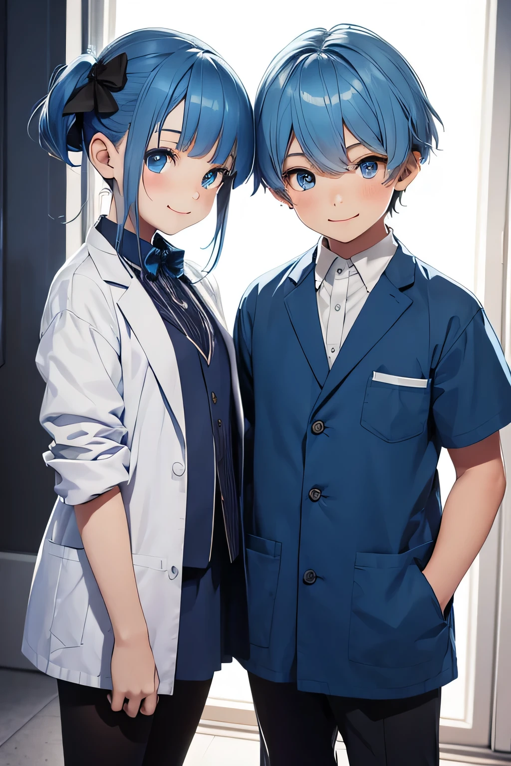 twin sister and brother, 5 years old, same height, both have short blue hair, blue eyes, sister wears bows in her hair, smiling, wearing a lab coat.