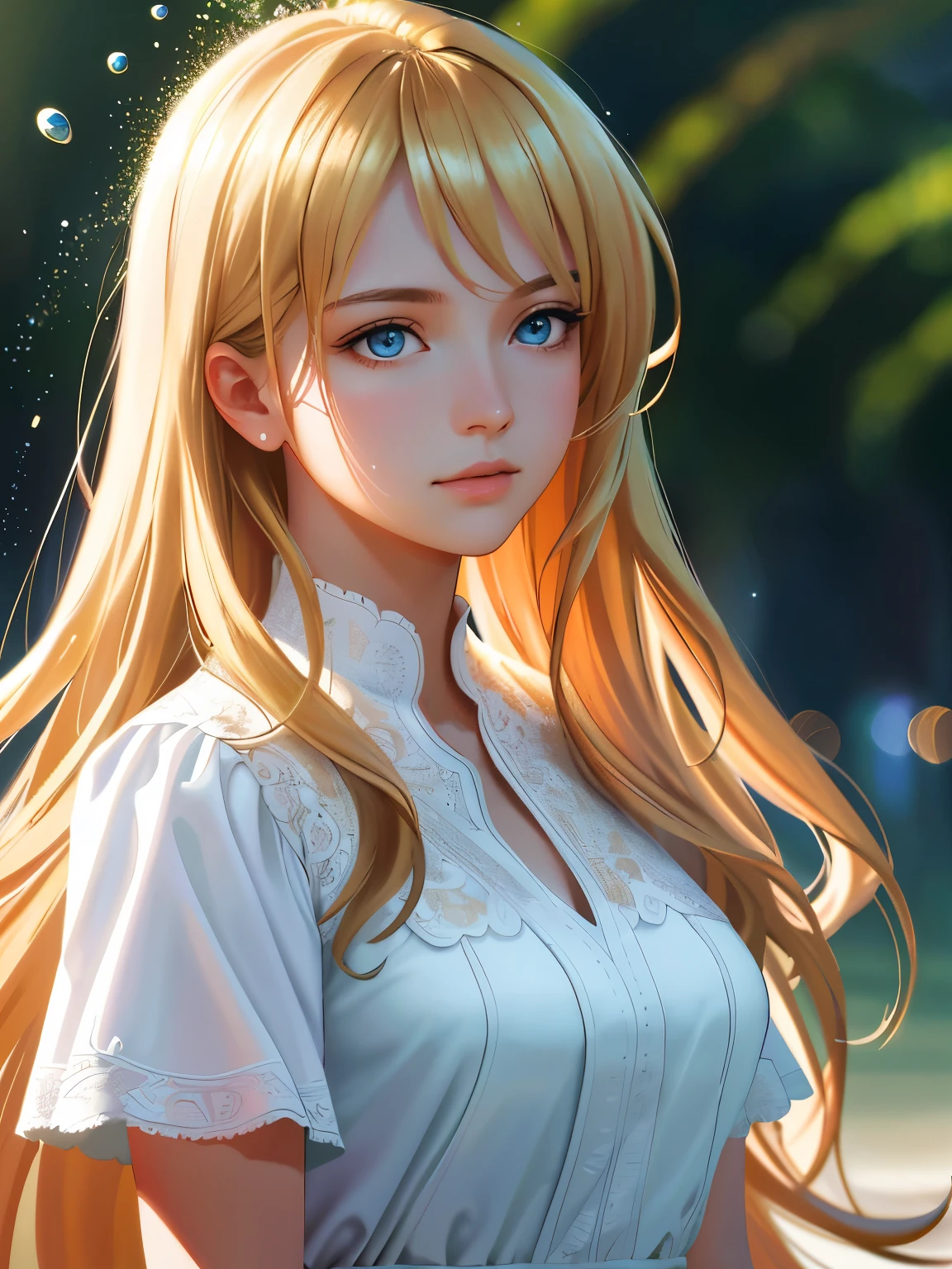 masterpiece, highest quality, ultra detail, illustration, beautiful detail, depth of field, dynamic angle, 8k wallpaper, portrait, best light and shadow quality, 4k, 8k, cg, fine detail, blurred background, upper body, contemporary, dress, blonde, long hair, beautiful eyes, beautiful splash