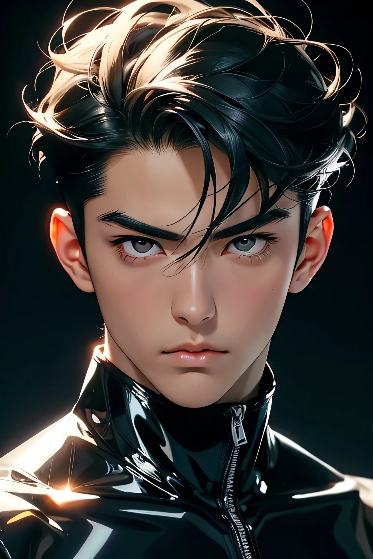 Japanese male handsome model　Black Hair　　Short cut　　G-I-A-CUT　looking at the camera　Shiny full-body silver suit　　　Shiny silver latex suit　　Fierce face　Handsome　　future　Metal Body　　 grim stare　　gaze　Sad expression　Moist eyes　　Face close-up　Close-up of eyes　
