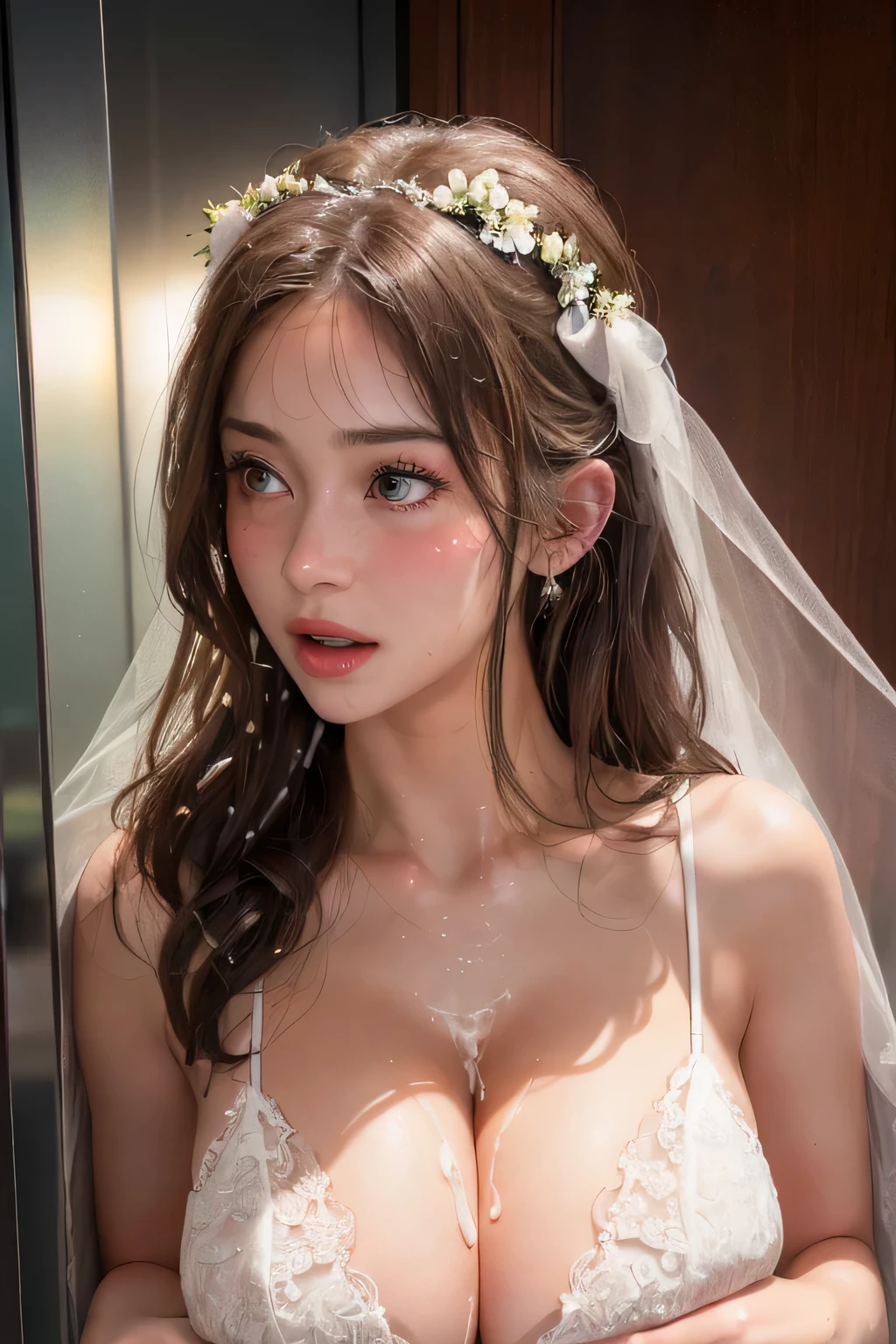 (NSFW),(RAW photo, Best quality), (Realistic, photo-realistic:1.2), 2girls, High quality, (highdetailskin:1.4), Two girls hugging,The chests squeeze against each other,huge tit,(cum_on_body:1.3),,white wedding dress,in a lift, in a elevator,,