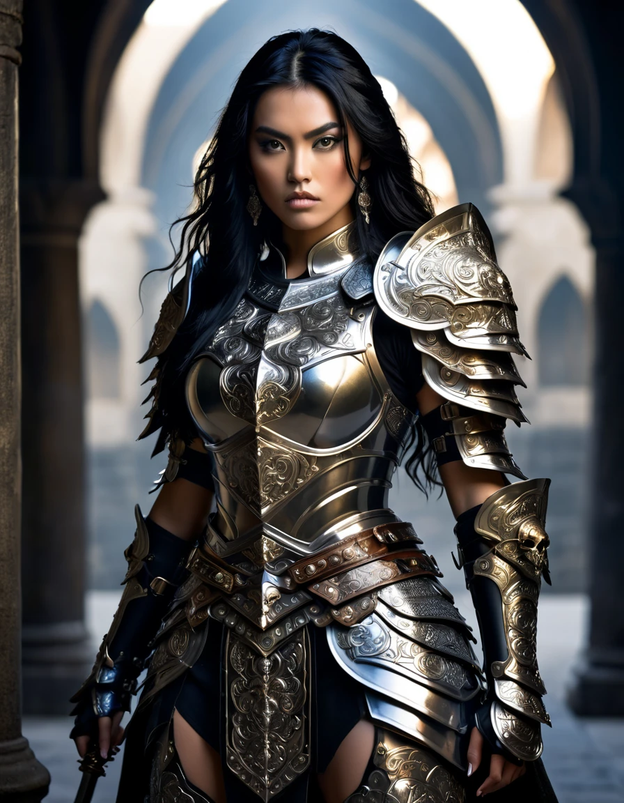 Create a photo of a fierce female warrior with long black hair, wearing an ornate, metallic armor. The armor includes a breastplate with intricate designs, shoulder guards, and gauntlets. The breastplate is decorated with a central emblem, possibly representing a mythical symbol, and has a sculpted, form-fitting design. She wears a belt with a large skull ornament at the center, and her armor extends into a partial skirt, revealing one leg. The overall look is both protective and stylish, with a dark, gothic aesthetic. The background is dimly lit, suggesting a medieval or fantasy setting, enhancing the warrior's imposing presence and intense expression.