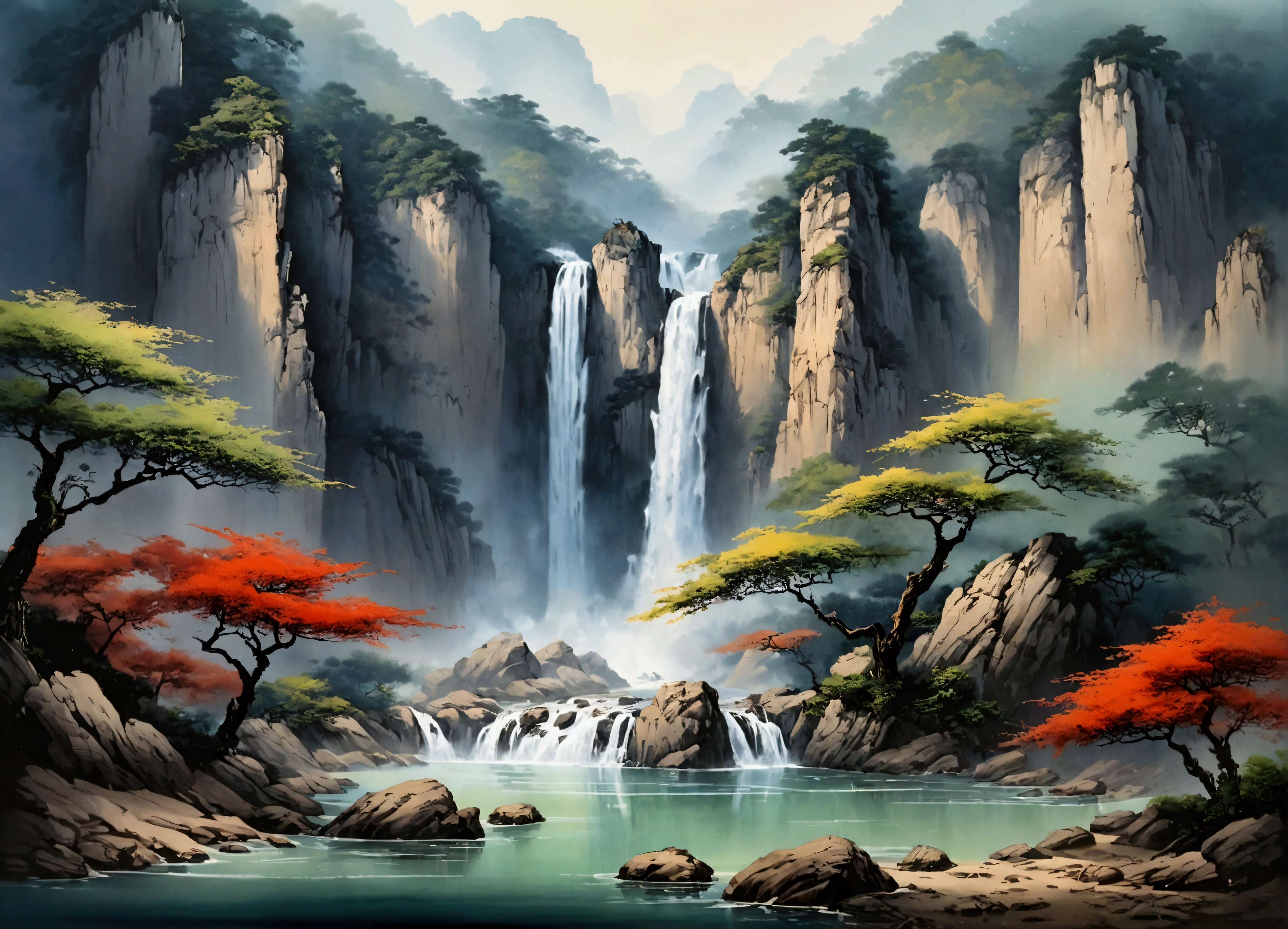 The famous Lushan Waterfall,Chinese landscape painting,Zhang Daqian style,Advanced color matching,ink and watercolor painting,water ink,ink,Soil,Vision,Ultra-wide viewing angle,meticulous,Low saturation,Low contrast,Beautifully depicted,Super detailed,Acura,masterpiece,masterpiece,32k resolution