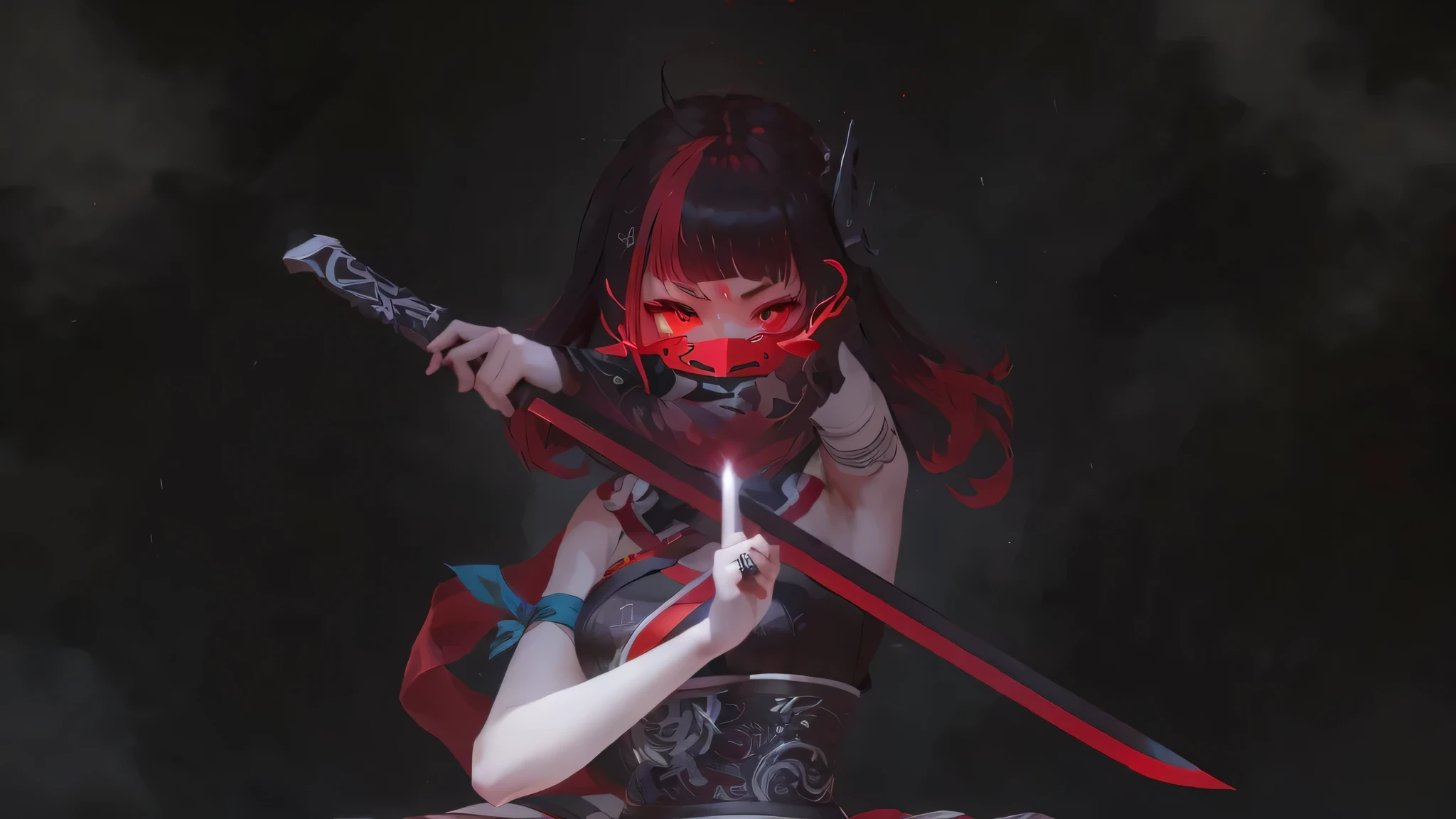 Red-eyed anime girl holding sword and red mask, guweiz style artwork, Demon Slayer art style, Demon Slayer: Rui fan art, Detailed digital animation art, Badass Anime 8K, Artgerm 和 Atey Ghailan, Anime style 4K, Digital art in anime style, Onmyoji Detailed Art, Digital anime illustration