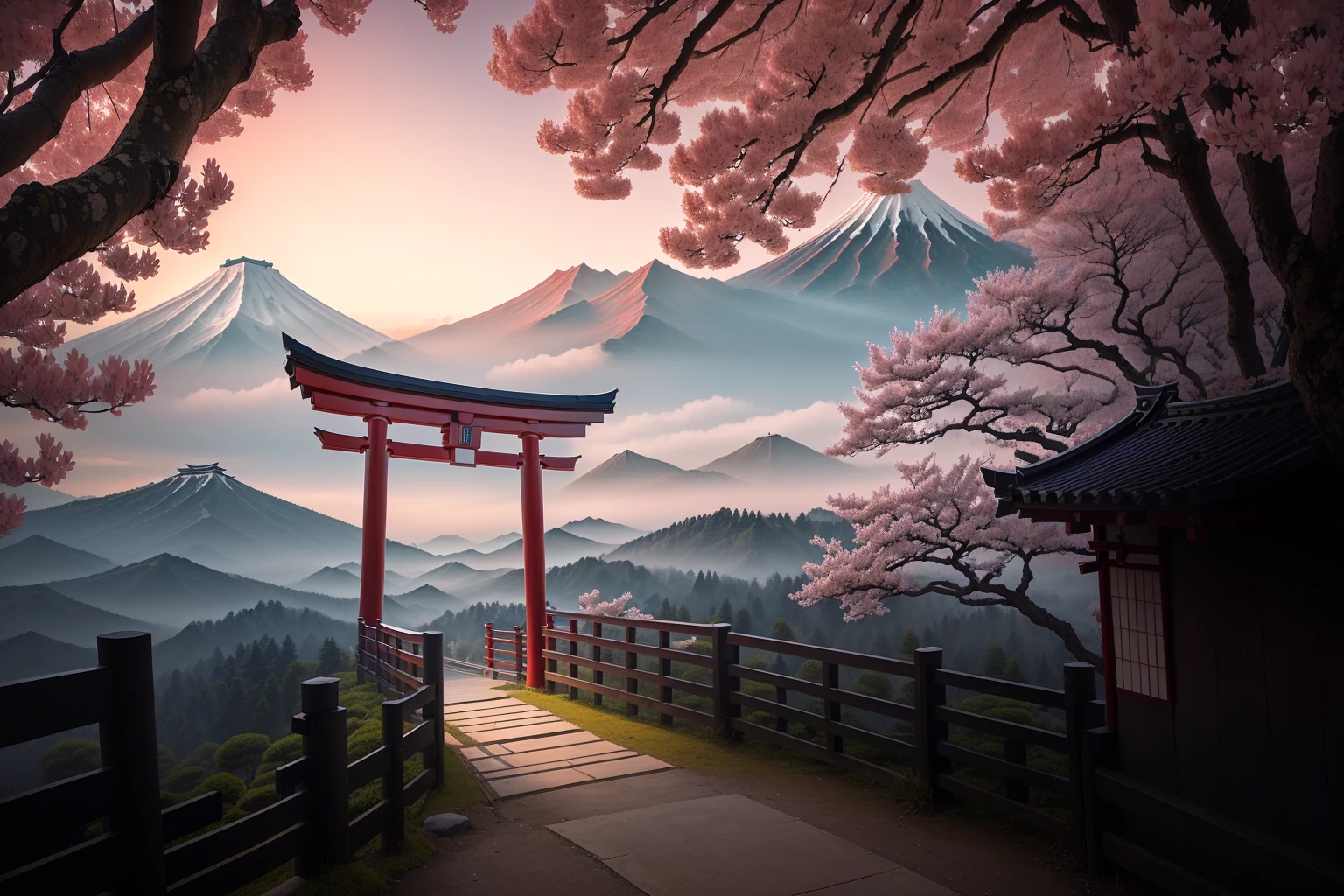 Arafad view with gate and path leading to the mountain, Mount Japan中的鸟居, Torii gate with trees on the mountain, Japanese Landscape, The Flowery Road to Heaven, Japanese Nature, Japanese travel aesthetics, lush Japanese Landscape, Inspired by Torii Kiymoto, Japanese temples, Mount Japan, Japanese Shrines, Centered Torii,((low angle shot 1.8)) (Camera lens close to the ground to shoot 1.8))