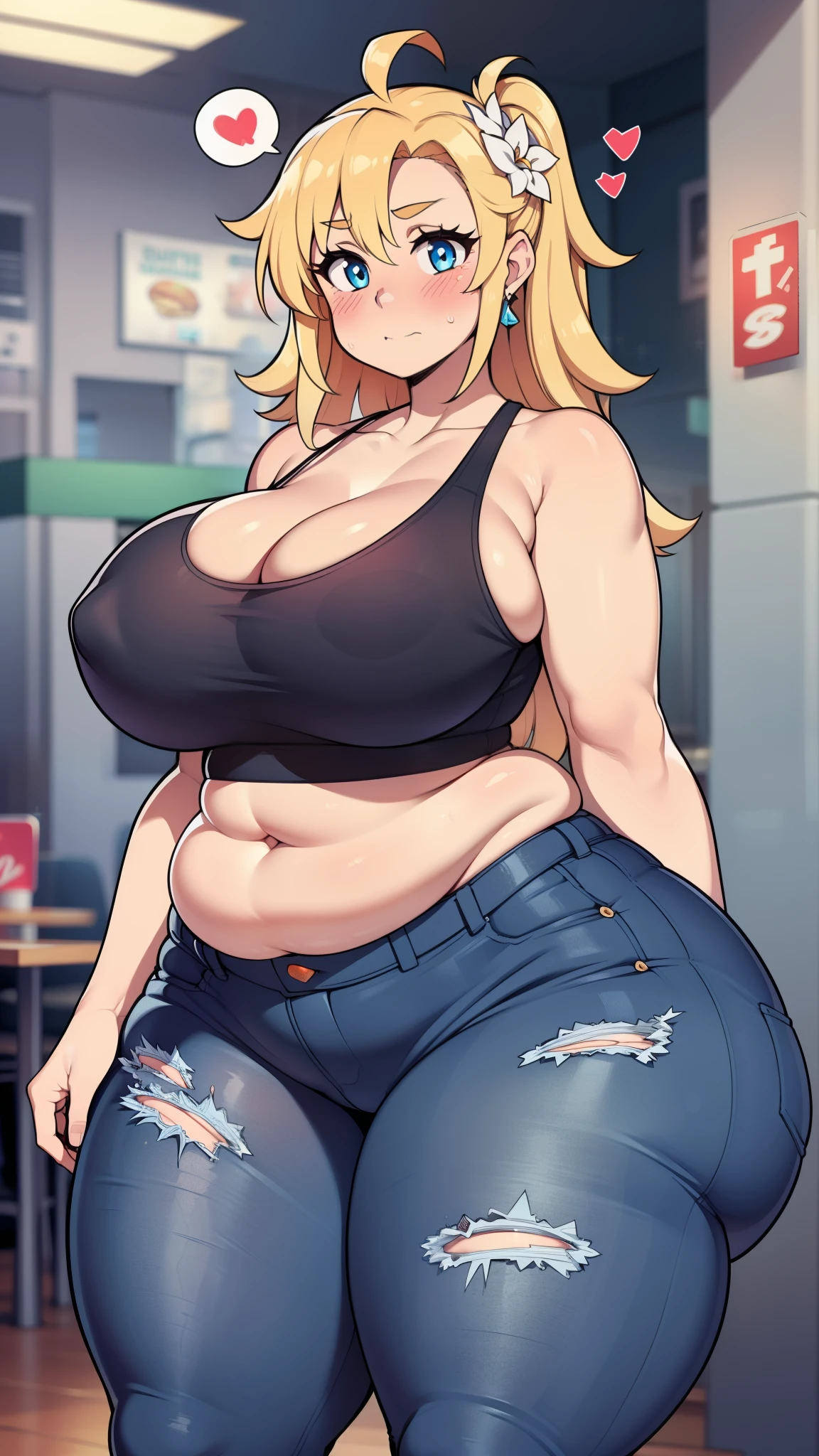((highres)), Masterpiece, high quality, best quality, beautiful, perfect lighting, detailed face, ultra cute face, ((1girl)), ((blush)), ((blush)), embarrassed, looking at viewer, skindentation, long blonde hair, fluffy hair, blue eyes, jeans, tank top, tight clothes, full body, fast food restaurant, medium breasts, perky breasts, cleavage, ((wide hips)), ((massive thighs)), ((plump)), chubby belly, fat folds, standing, arms behind back, looking at viewer, spoken heart,