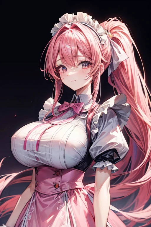 A beautiful young anime girl with large breasts, long pink hair in a ponytail, maid uniform, standing and smiling, detailed facial features, photorealistic, cinematic lighting, vibrant colors, highly detailed, masterpiece