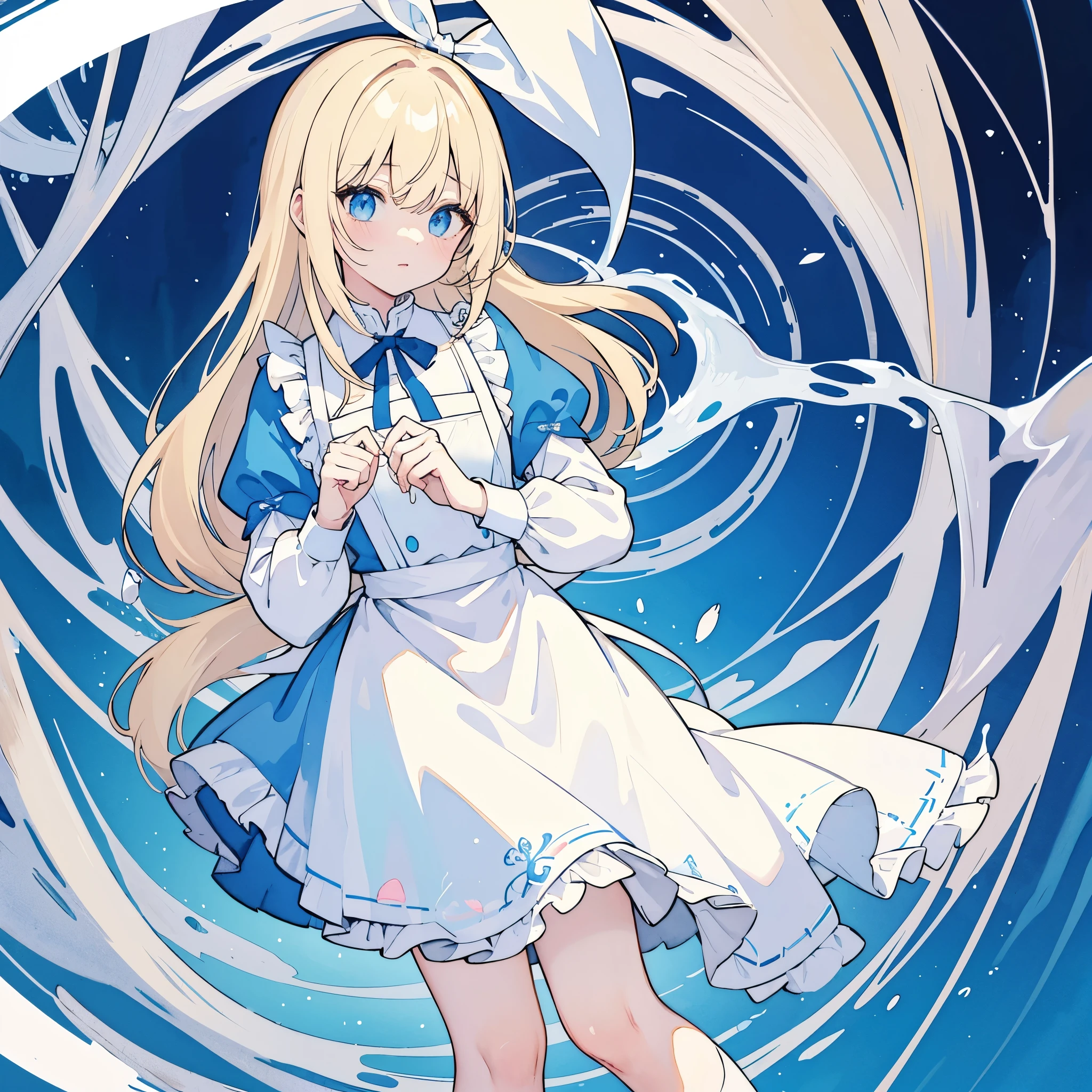 (Masseter muscle area、Highest quality、Watercolor、Mysterious、Beautiful and aesthetic、Official Art、Impressionism 1.2)、(One Girl:1.3)、(Fractal Art:1.4)、Glowing Skin、pattern、(Alice in Wonderland:1.2)、(Usagi、Trump、Tea cup、Pocket watch:0.4)、Tie your hair with a ribbon、Blue clotheini skirt、White apron、White socks、Platinum Blonde、blue eyes、Exotic Wallpaper、Very colorful、Abstract background、Fantasy