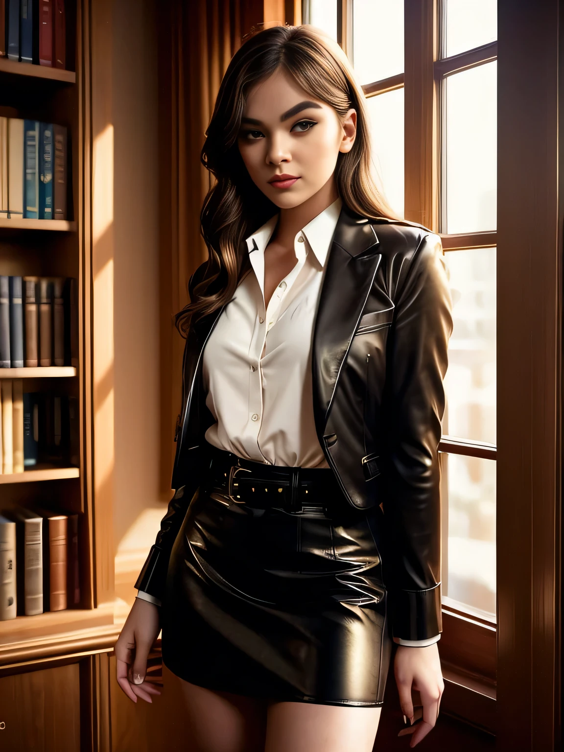 upper body photo of a innocent school girl, blazer jacket and creme lowcut unbuttoned satin silk blouse, leather pencil skirt, posing in a private library, backlit, belt, (brown eyes:1.2), high heels, backlit, perfect make-up, cinematic, realistic, high contrast, visually rich,piercing eyes, strong eyeliner, mesmerizing eyes, elegant, graceful, natural beauty, charismatic, versatile, photogenic, very detailed