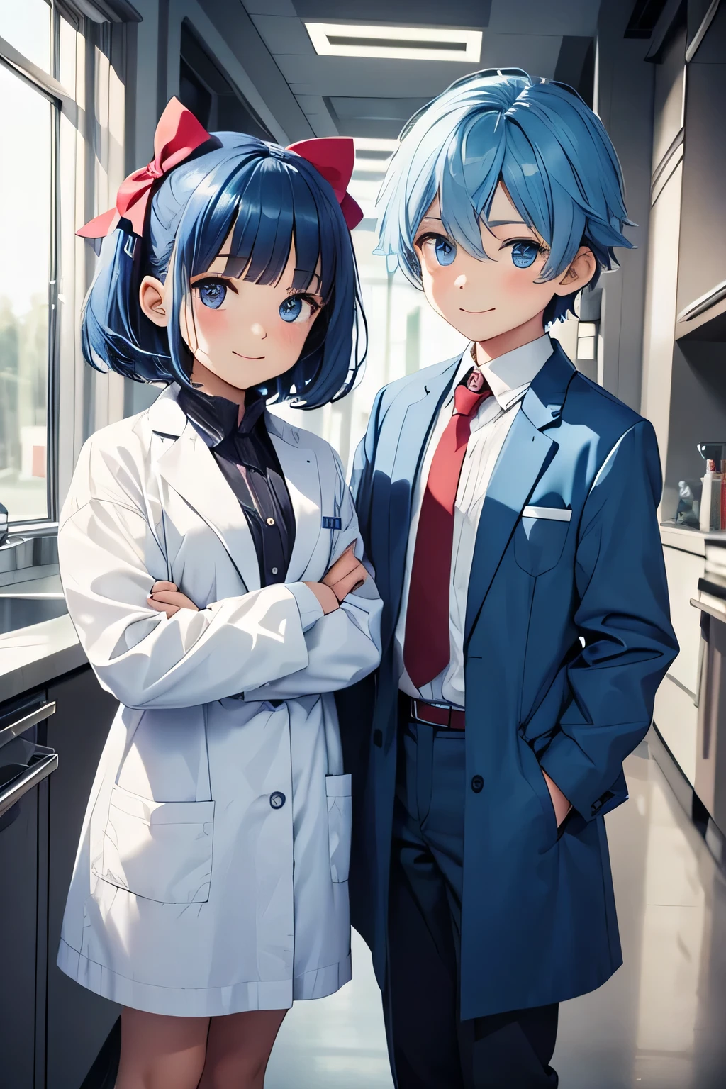 twin sister and brother, 5 , same height, both have short blue hair, blue eyes, sister wears bows in her hair, smiling, wearing a lab coat.