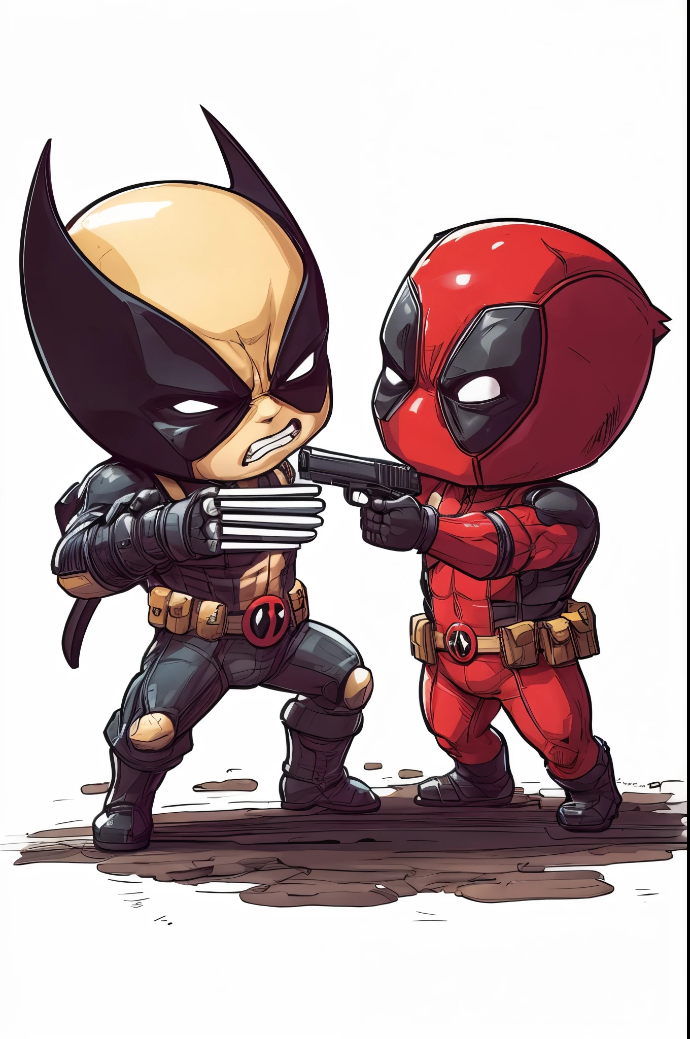 chibi style, wolverine pointing claws at deadpool's stomach, deadpool pointing a gun at wolverine's head, highly detailed, cinematic lighting, dynamic action pose, vibrant colors, comic book style, masterpiece, 8k, photorealistic