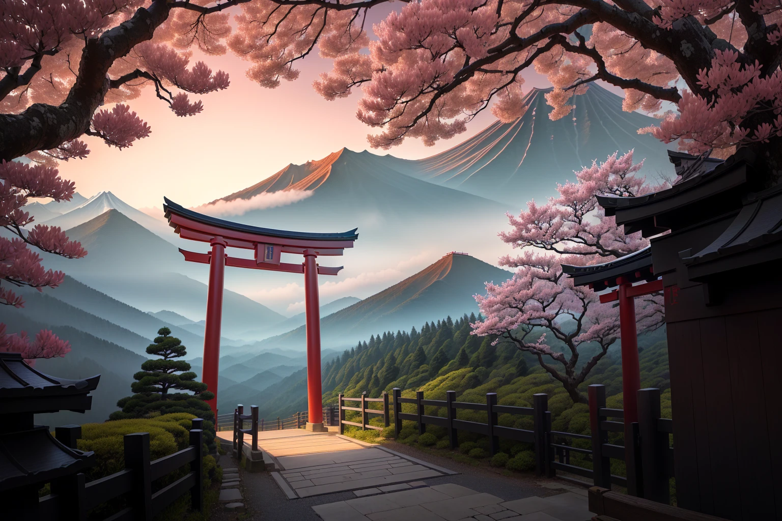 Arafad view with gate and path leading to the mountain, Mount Japan中的鸟居, Torii gate with trees on the mountain, Japanese Landscape, The Flowery Road to Heaven, Japanese Nature, Japanese travel aesthetics, lush Japanese Landscape, Inspired by Torii Kiymoto, Japanese temples, Mount Japan, Japanese Shrines, Centered Torii,((low angle shot 1.7))