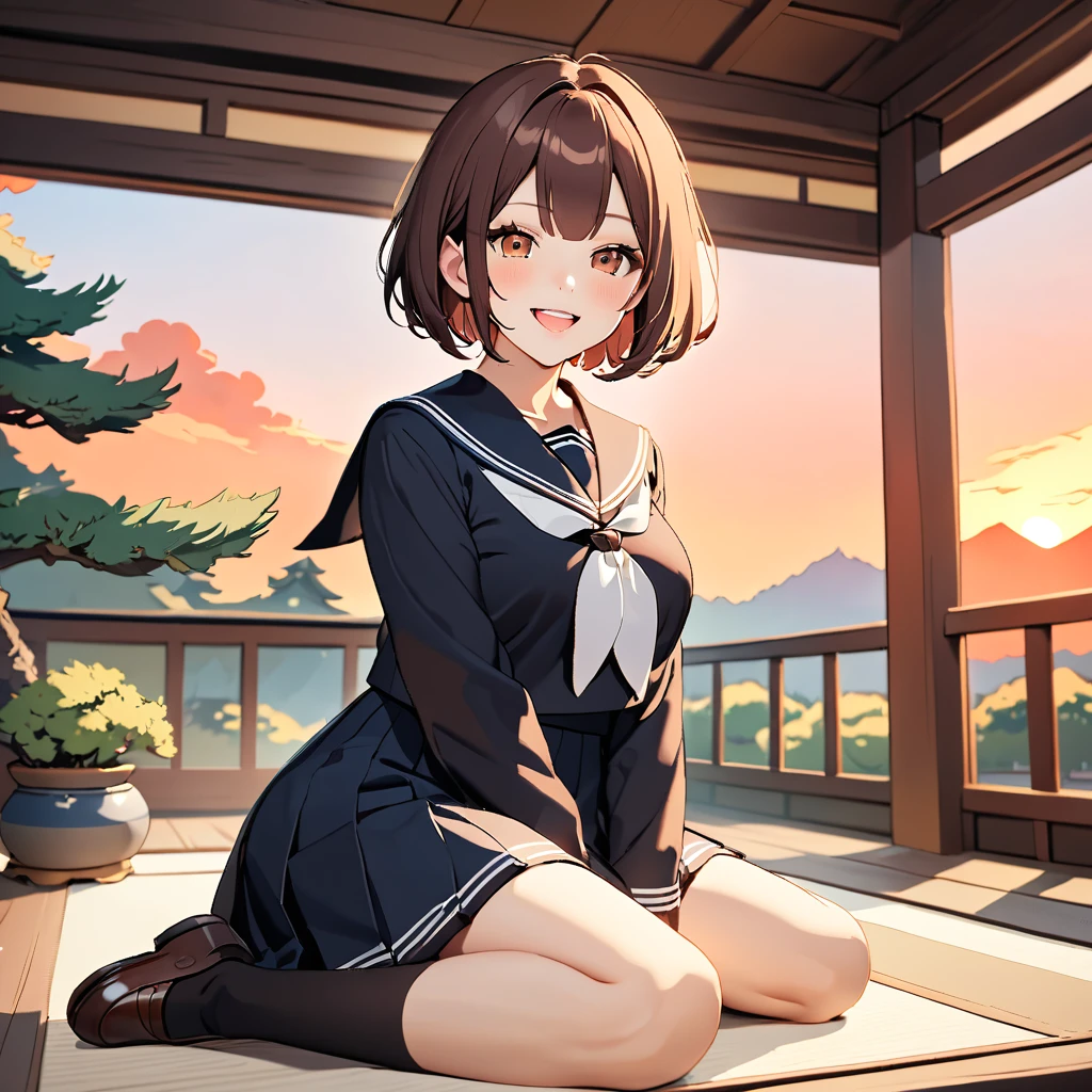 8k, masterpiece, Highest quality, Ultra-high resolution, Highest Resolution, Very detailed, Professional Lighting, Orange lighting、Backlight、Detailed CG、Low angle from the front、Full Body Shot、Beautiful woman、Beautiful Eyes、(Detailed Faces and Faces:1 2)、Narrow eyes、Almond Eye、Brown eyes、Gradient Eye、highlight:1.2)、(Beautiful black hair、short hair、(Fuller lips) 、(Oval Face : 1.4)、(Thin fingered arms、Detailed human hand)、(Tabletop, Highest quality:1.2), nostalgic、Wooden Warehouse、Landscape with Japanese wooden houses、sitting in veranda、Old House、pine tree、plant、Beautiful Japanese Garden、The bright red sunset is beautiful、vapor、haze、white breath、Full body pose、A girl blending into the scenery、Sitting in a chair、Beautiful woman, Small face、White skin、very cute, 17 years old、(Beautiful Eyes、Bright Eyes、Gradient Eye:1、細かく描かれたBeautiful Eyes:1、Symmetrical eyes:1、目の大きなhighlight:1.2)、Thin Hair、Brown eyes)、breasts are medium in size、(Black brown hair、ベリーshort hair:1.5)、(Black Sailor Suit、Seraphim:1.4)、Long, slender legs、Beautiful hip line、Beautiful spine、My back is hunched、Tight waist、JK Black Skirt 、Pleated skirt、Hip line emphasis、Black socks、Black Stockings、Brown eyes,Face is a little red, Beautiful breasts、Her chest is an A cup、Shoes are loafers) 、(Round face: 1.4)、A kind smile、Open your mouth、Teeth are visible、Black knee-high socks