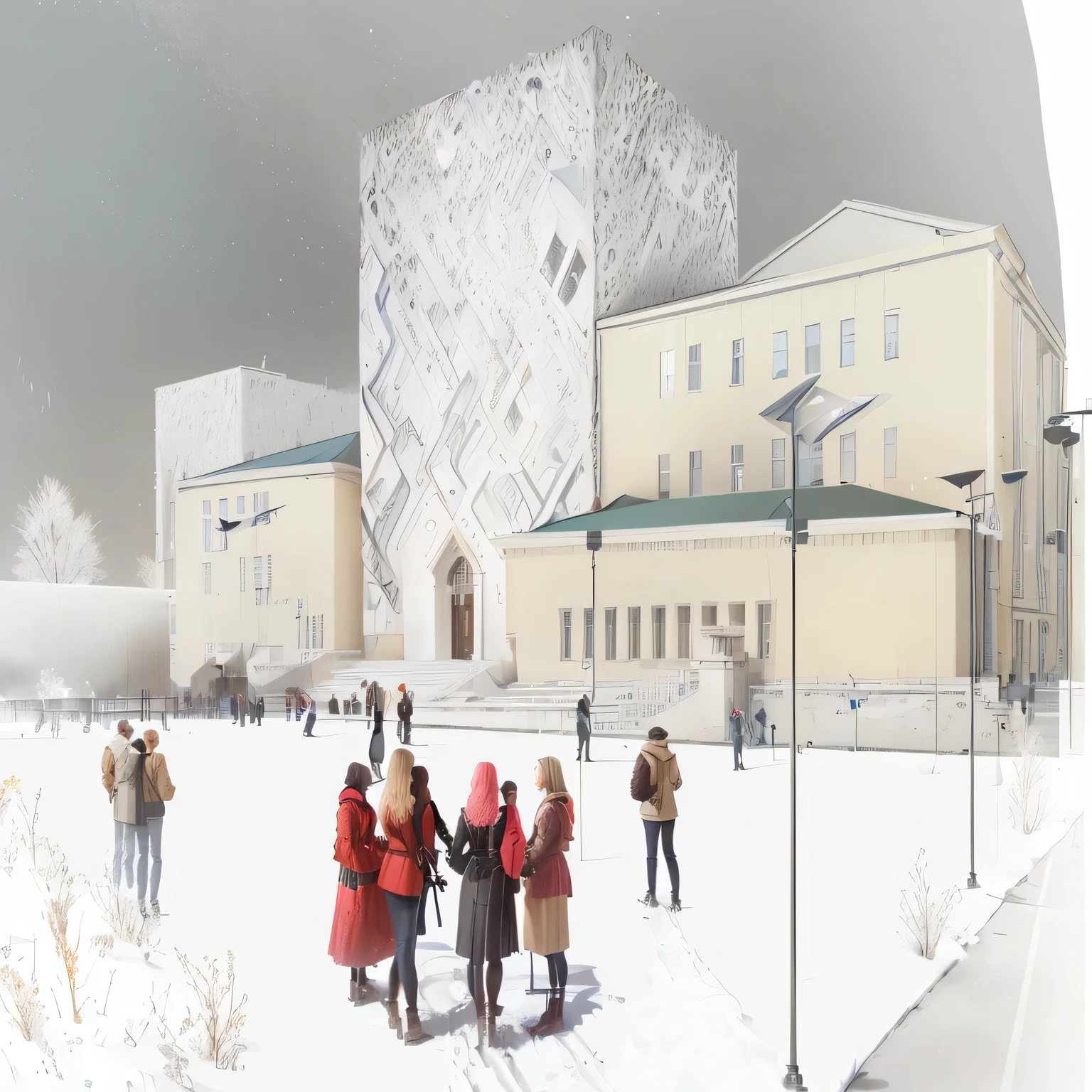 group of people illustration, standing in the courtyard in front of the building, from Anna Fussli, Архитектурный rendering, архитектурный rendering, Architectural illustration, a digital rendering, architectural rendering, Architecture Visualization, Архитектурный rendering ”, rendering, цифровой rendering, yulia nevskaya, work of art building, architectural drawing, inspired from Anna Fussli