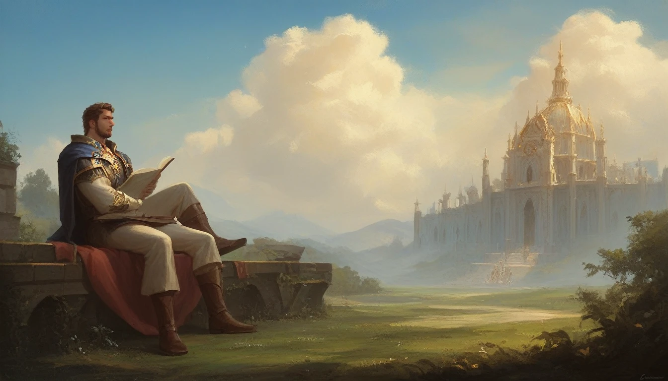 a painting of two men sitting on a bench in front of the sky, epic biblical representation, Divine and Stoic, bible illustration, omnipresent background, epic clouds and godlike lighting, pious and ethereal, divine kingdom of the gods, sua mente contemplando a eternidade, among sunlit heavenly clouds, biblical painting, in the image there is the name: bible stories, arte conceitual de deus, biblical style art