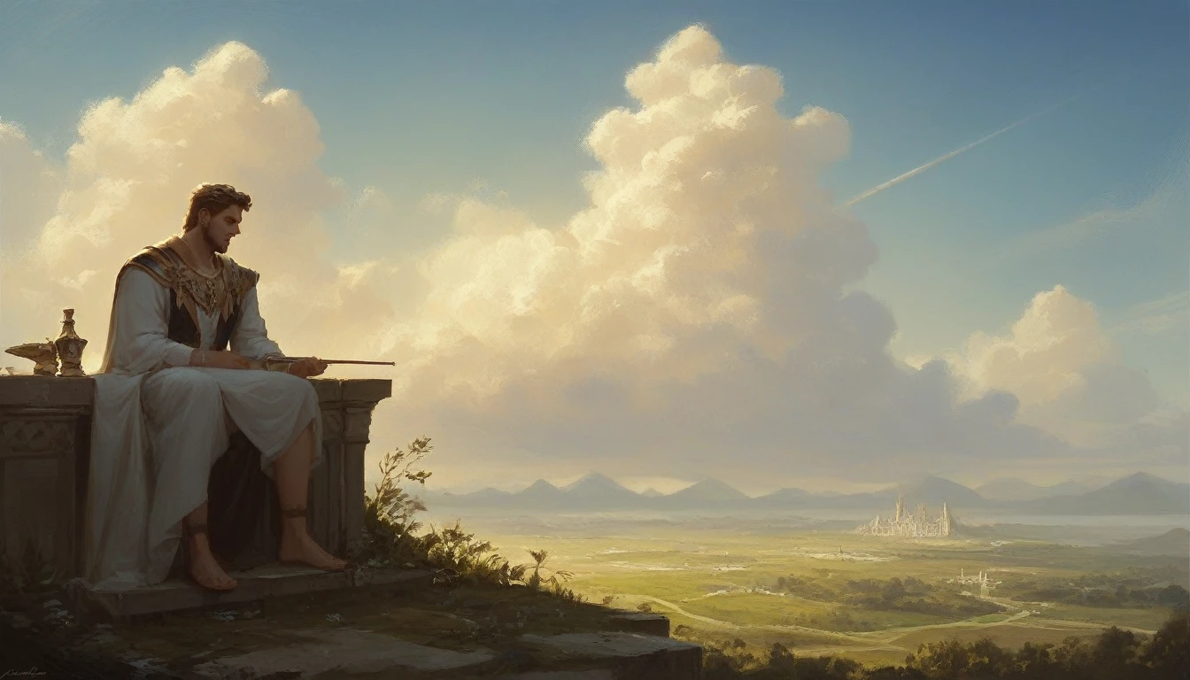 a painting of two men sitting on a bench in front of the sky, epic biblical representation, Divine and Stoic, bible illustration, omnipresent background, epic clouds and godlike lighting, pious and ethereal, divine kingdom of the gods, sua mente contemplando a eternidade, among sunlit heavenly clouds, biblical painting, in the image there is the name: bible stories, arte conceitual de deus, biblical style art