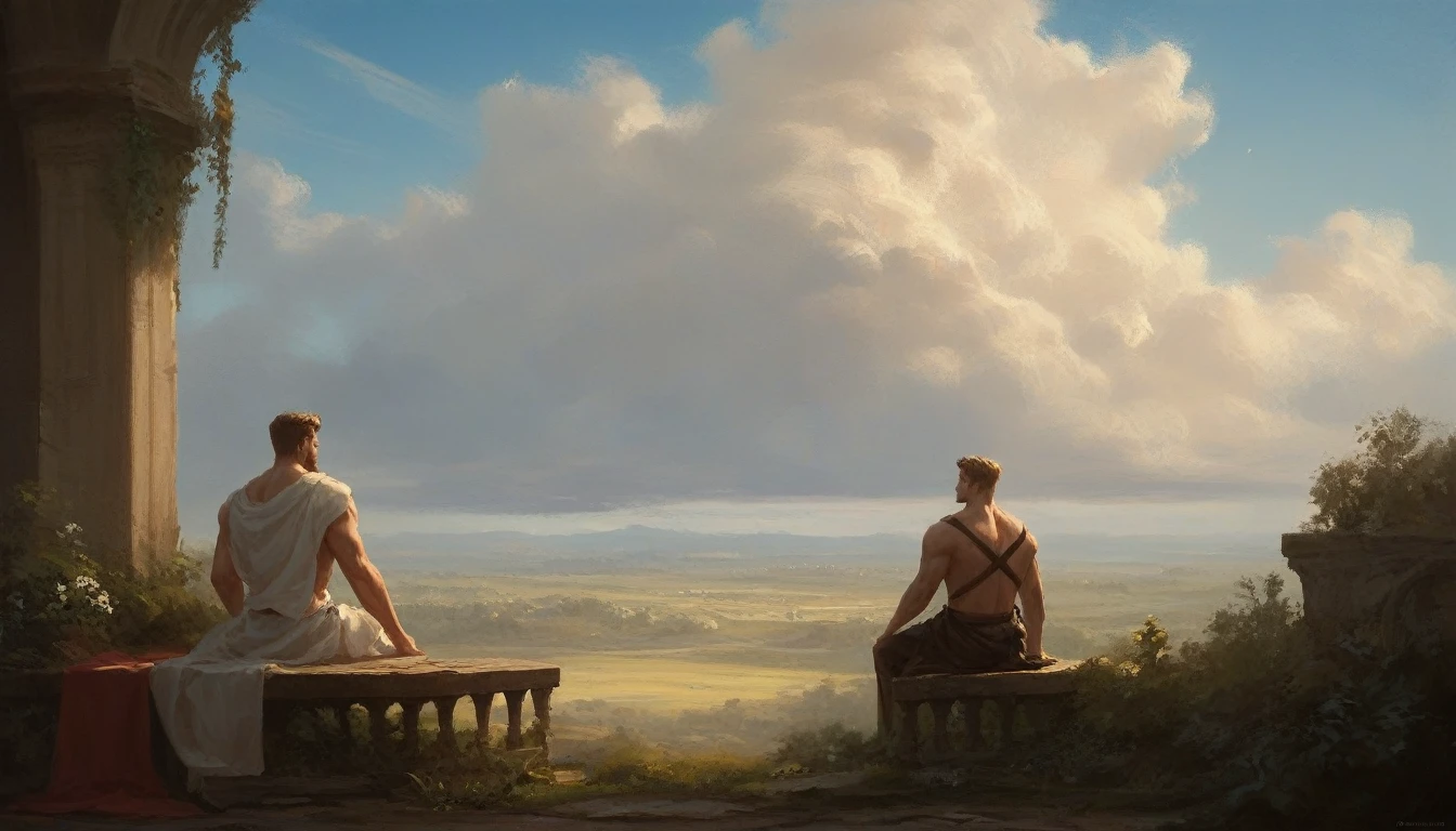 a painting of two men sitting on a bench in front of the sky, epic biblical representation, Divine and Stoic, bible illustration, omnipresent background, epic clouds and godlike lighting, pious and ethereal, divine kingdom of the gods, sua mente contemplando a eternidade, among sunlit heavenly clouds, biblical painting, in the image there is the name: bible stories, arte conceitual de deus, biblical style art