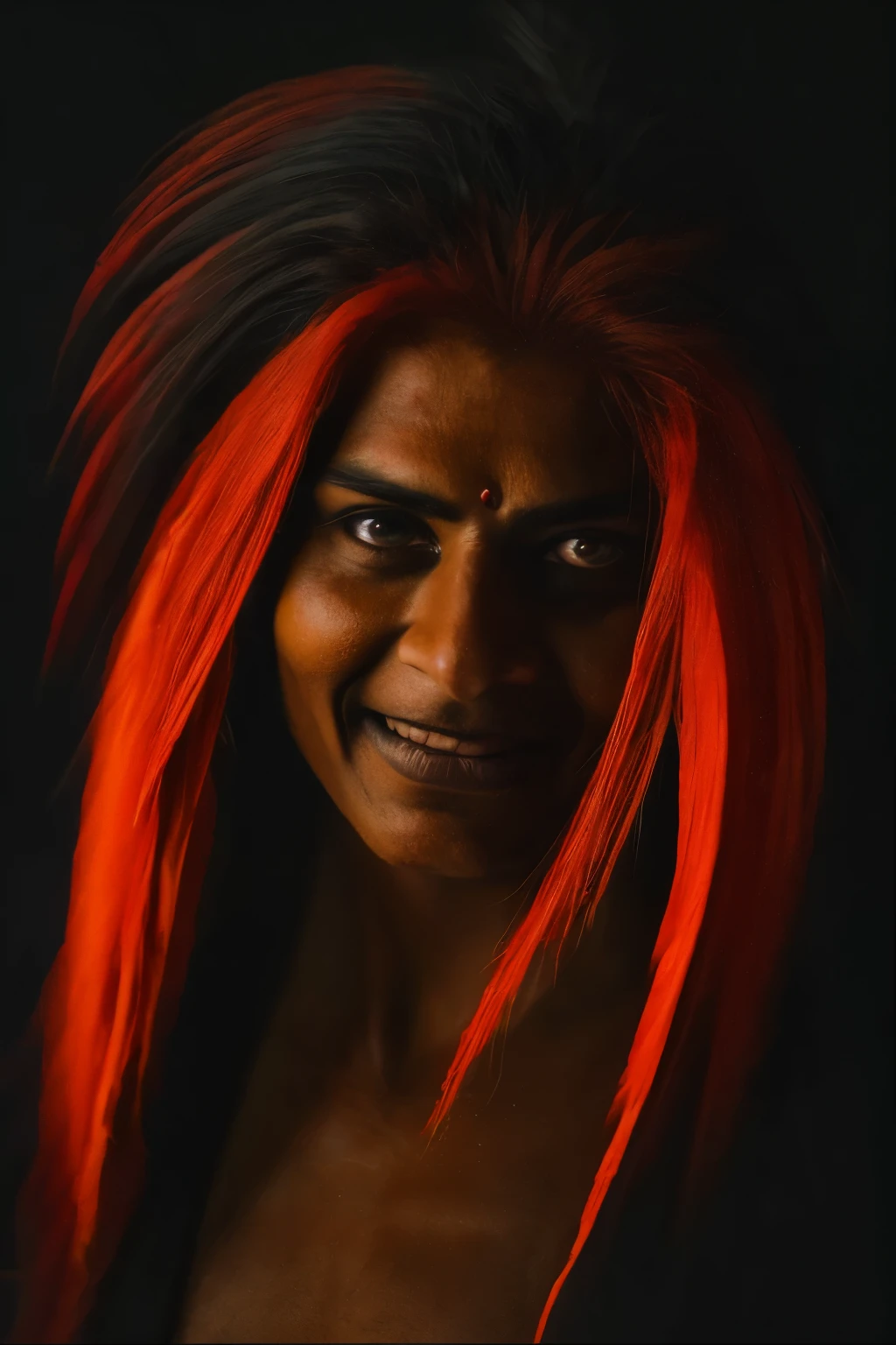 generates realistic art of a creature resembling a human Indian man, with fiery hair, a macabre approach of the hand to the canvas, a face obscured by darkness and an evil smile