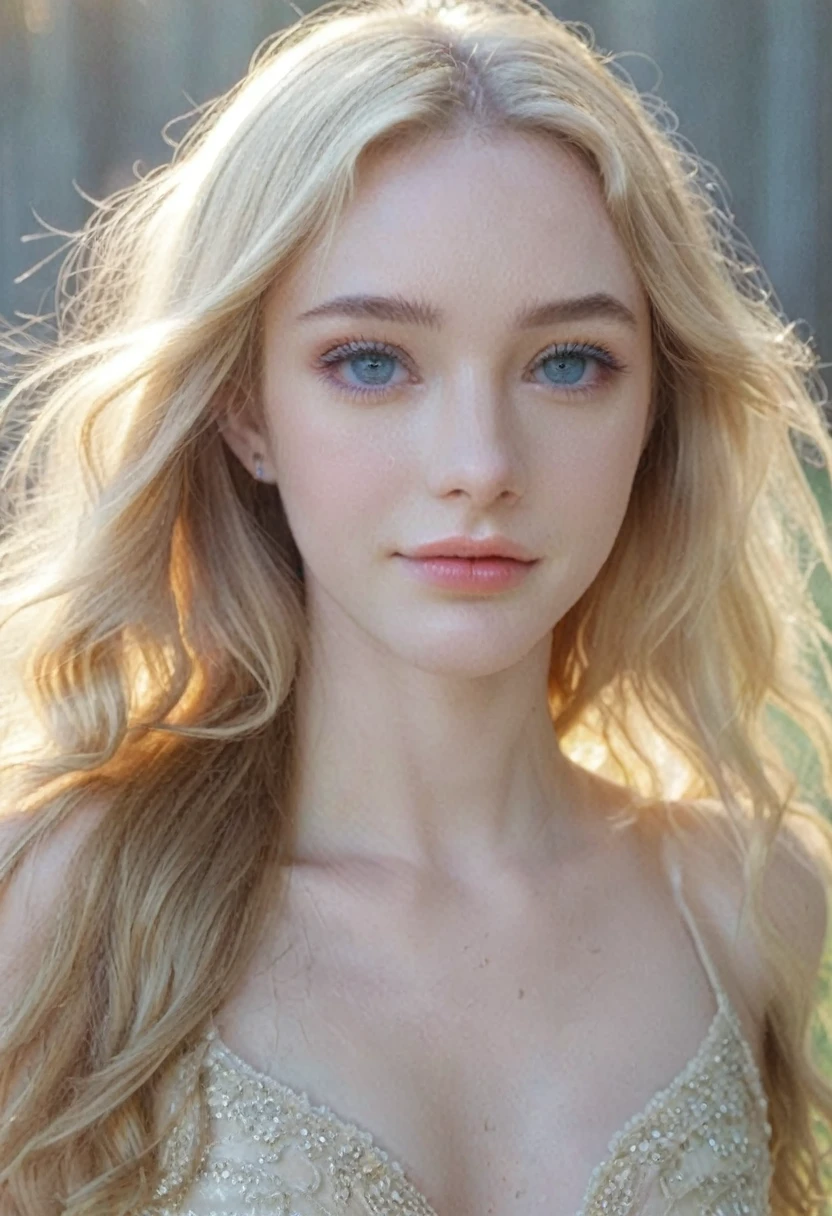 ((intricate details, pale skin)), solo, very detailed, detailed face, very long hair, picture of a beautiful young woman, NOT Dasha Taran, similar to Megan Fox face, sfw, ((natural blonde hair)), High Definition RAW Photography, 16k photography, (full body), standing, delicate facial features, pretty face, detailed full body, visible from head to knees, (bright sky-blue eyes:1.2), mesmerizing eyes, emotive longing expression, (cinematic, film grain:1.1), smiling, sunlight ilumination