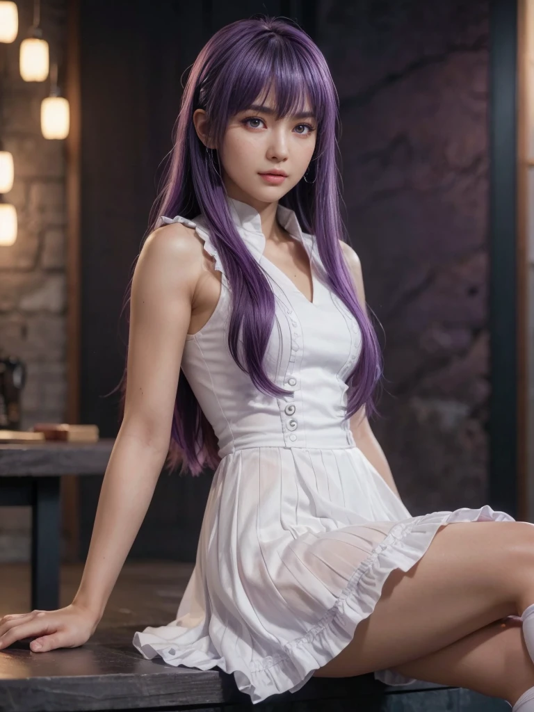 Ayane, cabelo roxo, (best qualityer, ultra detali), (realisitic:1.37), beautiful and detailed face, ultra-realisitic texture, 精致的面容, Delicate body, red lipgloss stick, long-lasting colors. High definition, 8k.