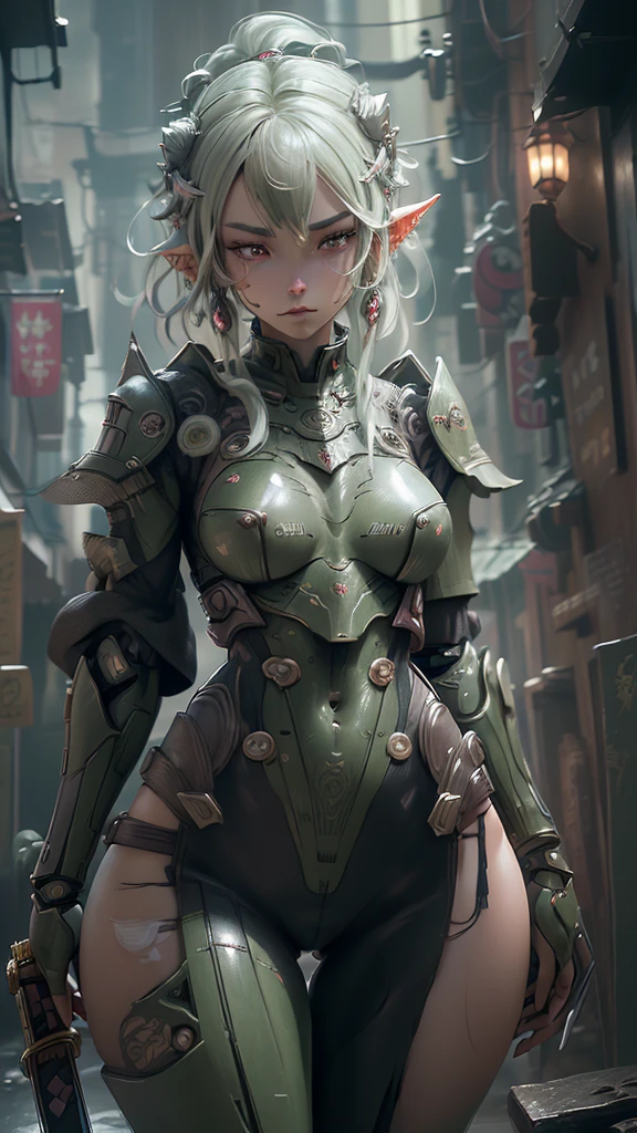 Create a hyper-realistic 3D image of a beautiful blonde, blue-eyed woman, an elf warrior with all her ornaments high details, Best Quality, 16k, [ultra detailed], masterpiece, Best Quality, (extremely detailed), Whole body, ultra wide shot, photorealistic, Fantasy Art, role-playing art, science fiction art, realistic art, a wide angle, (((anatomically correct))), Fantasy Art, science fiction art, a green skined alien struggle an elf fantasy warrior, Science fiction vs. fantasy, a battle between alien and an elf, alien struggle a fantasy elf (((1)) medium sized alien, A creature from outer space, alien (intense details, masterpiece, Best Quality) with green skin, Using Reelmech mechanical armor, armed with laser gun, struggle (((1))) Female Fantasy Elf Knight (intense details, masterpiece, Best Quality), wearing elven armor LnF elven armor, Armed with a sword, Fantasy vs science fiction, fantasy forest background, dynamic light, High detail, Ultra high quality, High resolution, 16K resolution, Ultra HD images, ultra realistic, delete details, realistic detail, ultra high definition