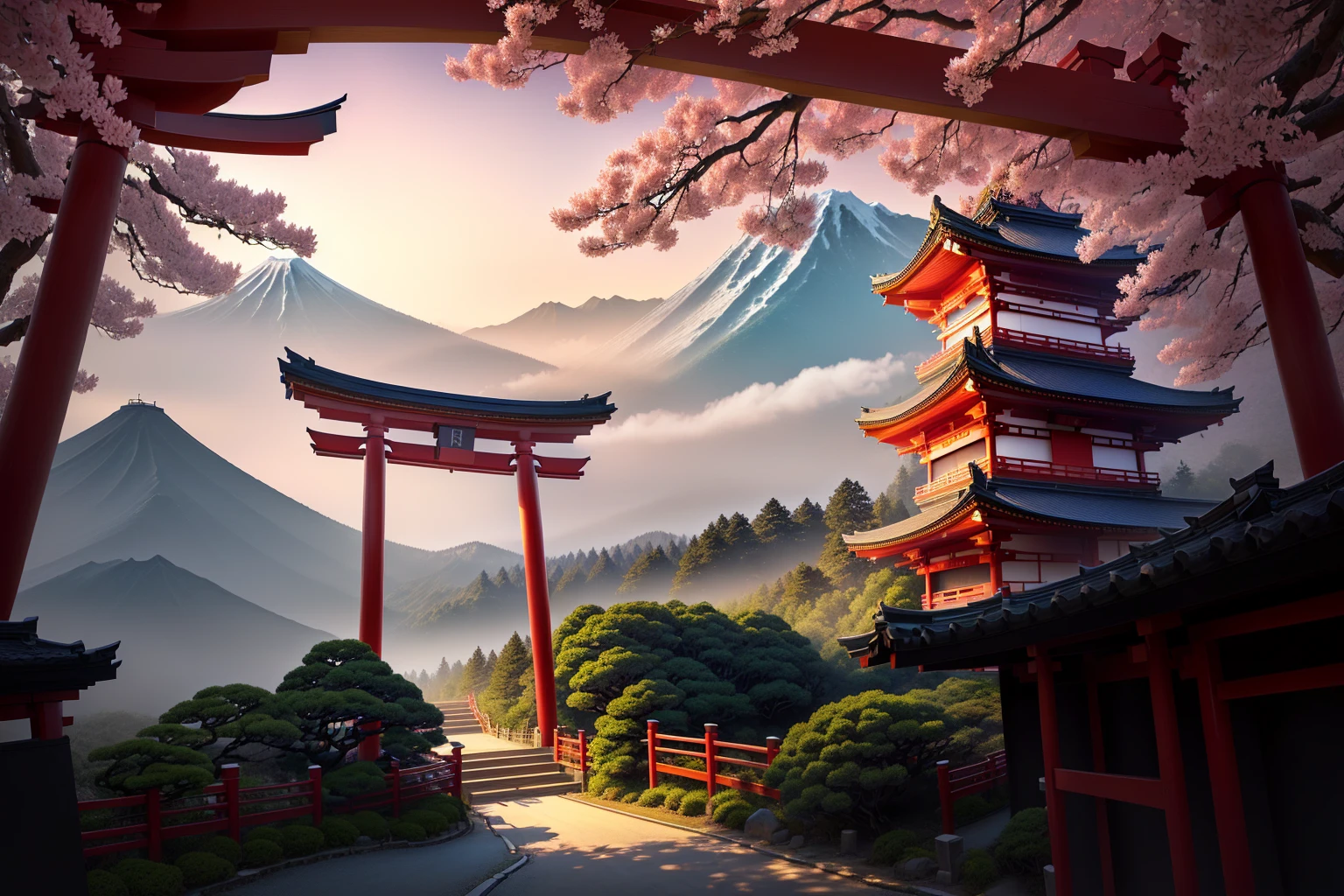 Arafad view with gate and path leading to the mountain, Mount Japan中的鸟居, Torii gate with trees on the mountain, Japanese Landscape, The Flowery Road to Heaven, Japanese Nature, Japanese travel aesthetics, lush Japanese Landscape, Inspired by Torii Kiymoto, Japanese temples, Mount Japan, Japanese Shrines, Centered Torii,((low angle shot 1.7))
