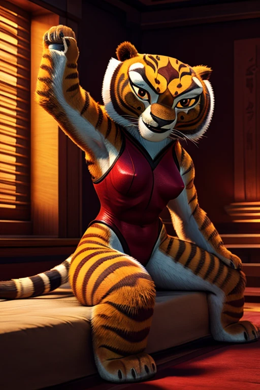 A detailed, muscular Tigress from Kung Fu Panda in a DreamWorks animated style, a girl with a 3:1 hip to leg ratio wearing a red leotard, lying in bed in a bright bedroom, medium breasts, extremely detailed facial features, bright cinematic lighting, photorealistic, 8K, hyper detailed, masterpiece