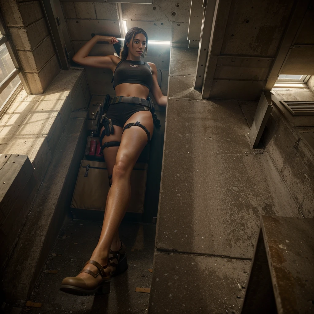 Lara croft ,Full body photo,gtscity,skyscraper, giga gigantess (Long legs:1.2), Extremely tall girl,Beautiful looks,No branding,Perfect lighting,Cinematic quality, 8K, High quality, (GTS:1.5), down view, building seat, belly,