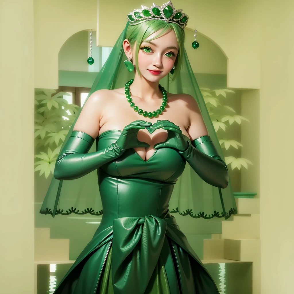 Emerald tiara, Green Pearl Necklace, ボーイッシュな非常に短いGreen Hair, Green Lips, Smiling Japanese woman, Very short hair, Busty beautiful lady, Green Eyes, Green satin long gloves, Green Eyes, Emerald Earrings, Green veil, Heart with both hands, Green Hair, Beautiful Japanese Woman, Heart shaped hands:1.3, green lip gloss