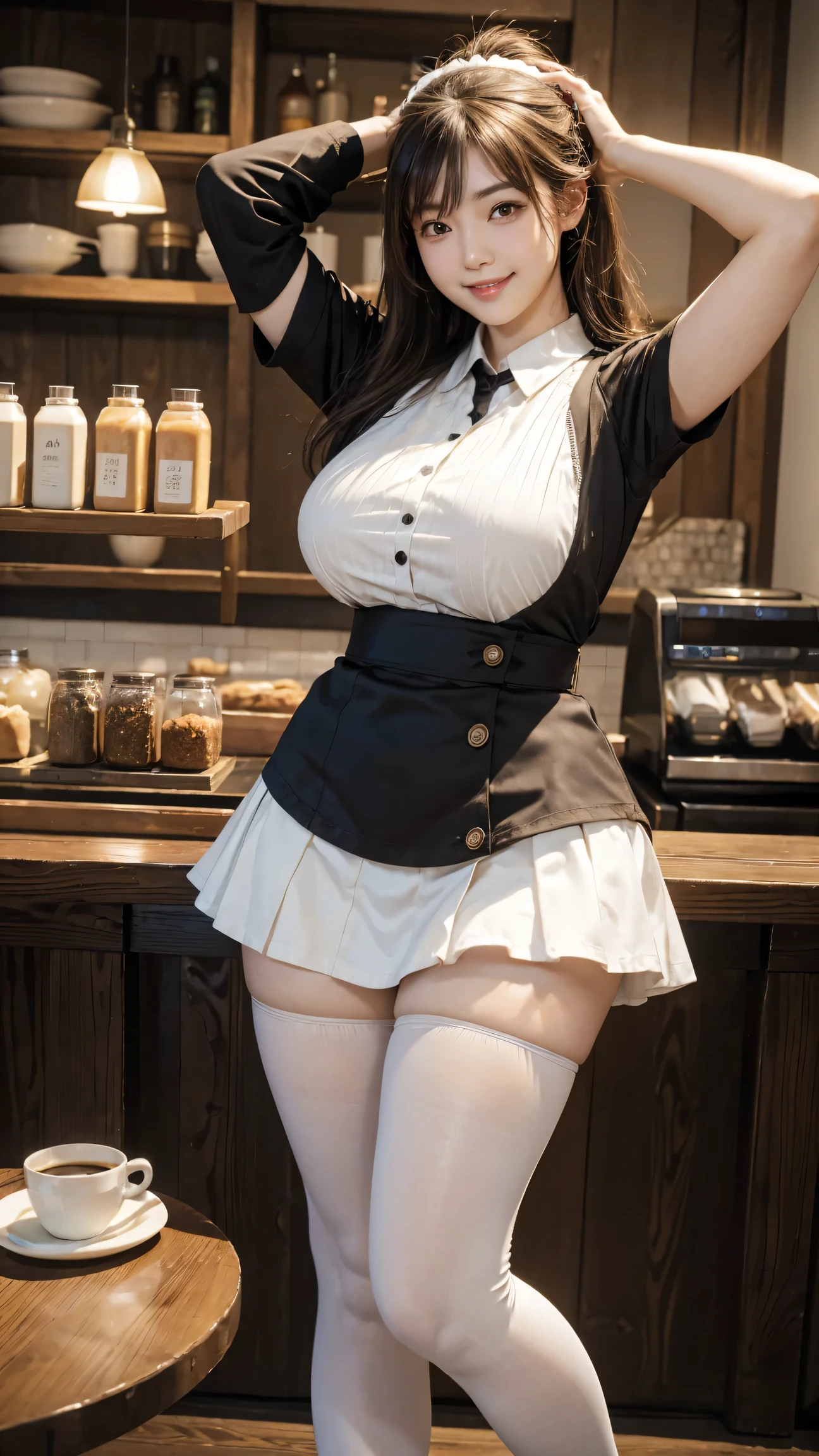 high quality,8K,high resolution,japanese woman,1 personality,tall,thick plump thighs,realistic texture,Muchimuchi,(tights),Saggy big,cute smile,mini skirt,side,large drooping udder,zoomout,(Valley 1.6),thin waist,arms raised,coffee shop,Maid clothes,