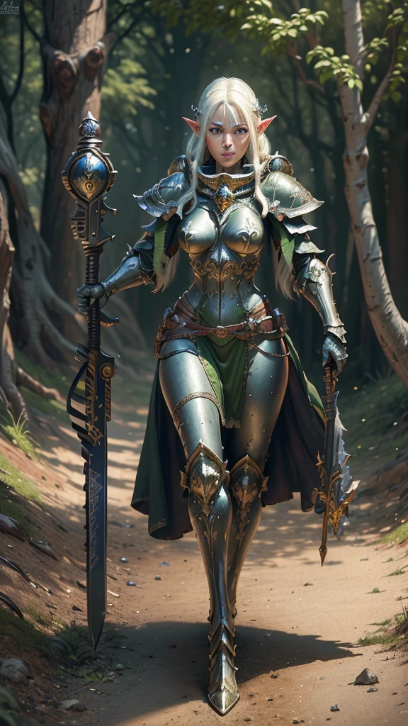 Create a hyper-realistic 3D image of a beautiful blonde, blue-eyed woman, an elf warrior with all her ornaments high details, Best Quality, 16k, [ultra detailed], masterpiece, Best Quality, (extremely detailed), Whole body, ultra wide shot, photorealistic, Fantasy Art, role-playing art, science fiction art, realistic art, a wide angle, (((anatomically correct))), Fantasy Art, science fiction art, a green skined alien struggle an elf fantasy warrior, Science fiction vs. fantasy, a battle between alien and an elf, alien struggle a fantasy elf (((1)) medium sized alien, A creature from outer space, alien (intense details, masterpiece, Best Quality) with green skin, Using Reelmech mechanical armor, armed with laser gun, struggle (((1))) Female Fantasy Elf Knight (intense details, masterpiece, Best Quality), wearing elven armor LnF elven armor, Armed with a sword, Fantasy vs science fiction, fantasy forest background, dynamic light, High detail, Ultra high quality, High resolution, 16K resolution, Ultra HD images, ultra realistic, delete details, realistic detail, ultra high definition