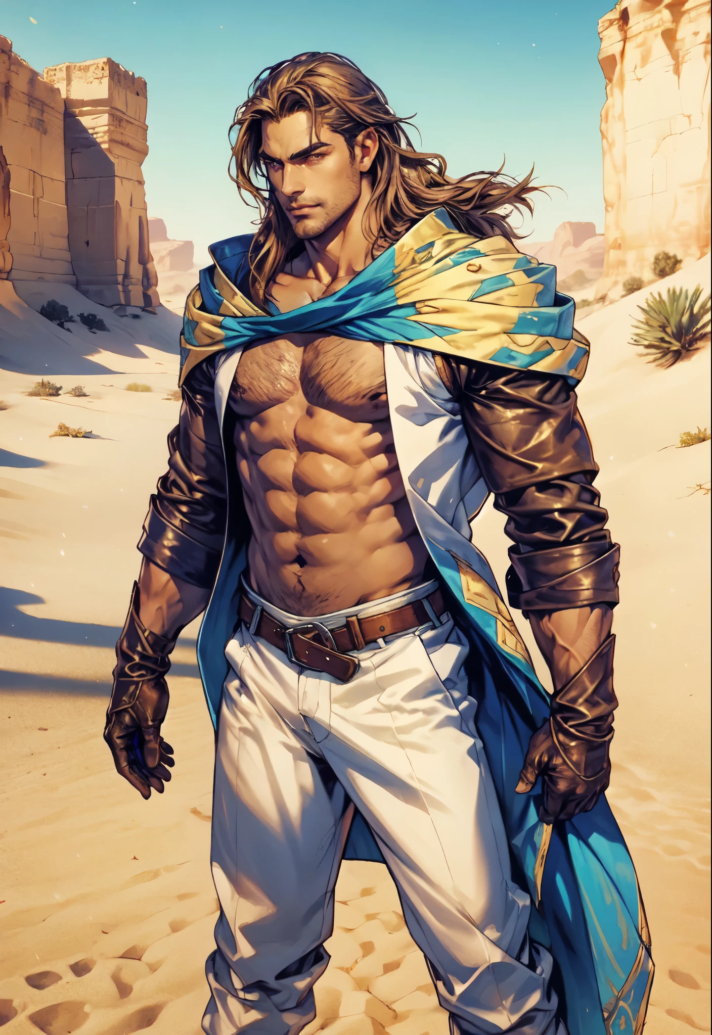(masterpiece:1.2, best quality:1.2, extremely delicate:1.2), ((male:1.5)), a middle-aged man with slicked-back brown long hair, golden parted bangs, raised thick eyebrows, sharp eyes, rugged features, a full beard, a confident smile, tall and sturdy build, a fantasy martial arts style white open-chest silk coat with a long hem, a yellow shawl, long gloves, a leather belt, canvas trousers, standing in a sunny desert oasis, this character embodies a finely crafted fantasy martial arts style desert ruler in anime style, exquisite and mature manga art style, dramatic, high definition, highres, ultra-detailed, ultra-fine painting, professional, perfect body proportions, golden ratio, anatomically correct, symmetrical face, extremely detailed eyes and face, high quality eyes, creativity, RAW photo, UHD, 32k, Natural light, cinematic lighting, (masterpiece-anatomy-perfect:1.2)