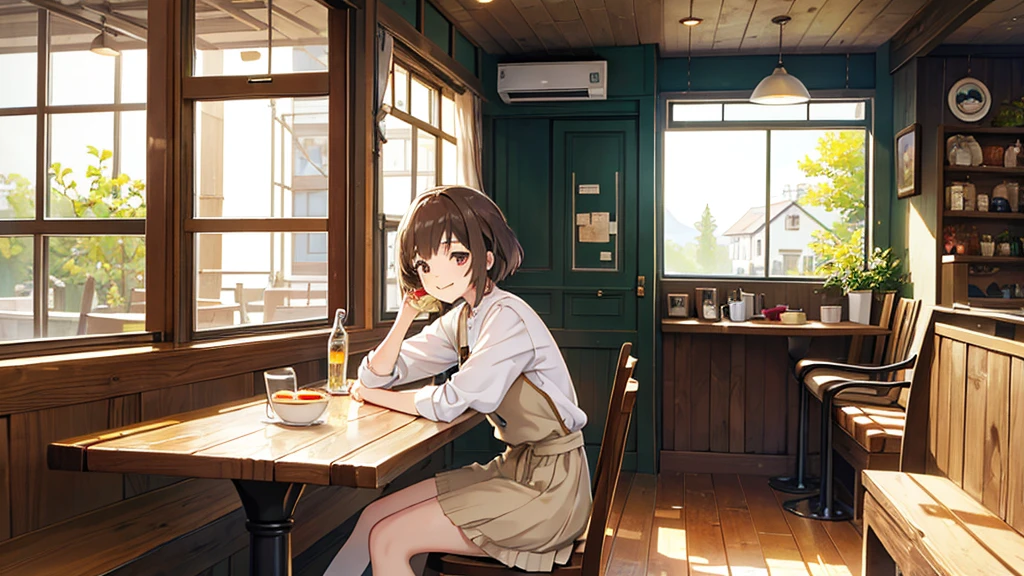 1 female, 18 years old, cute, smiling, eating shortcake, cafe, Studio Ghibli style illustration