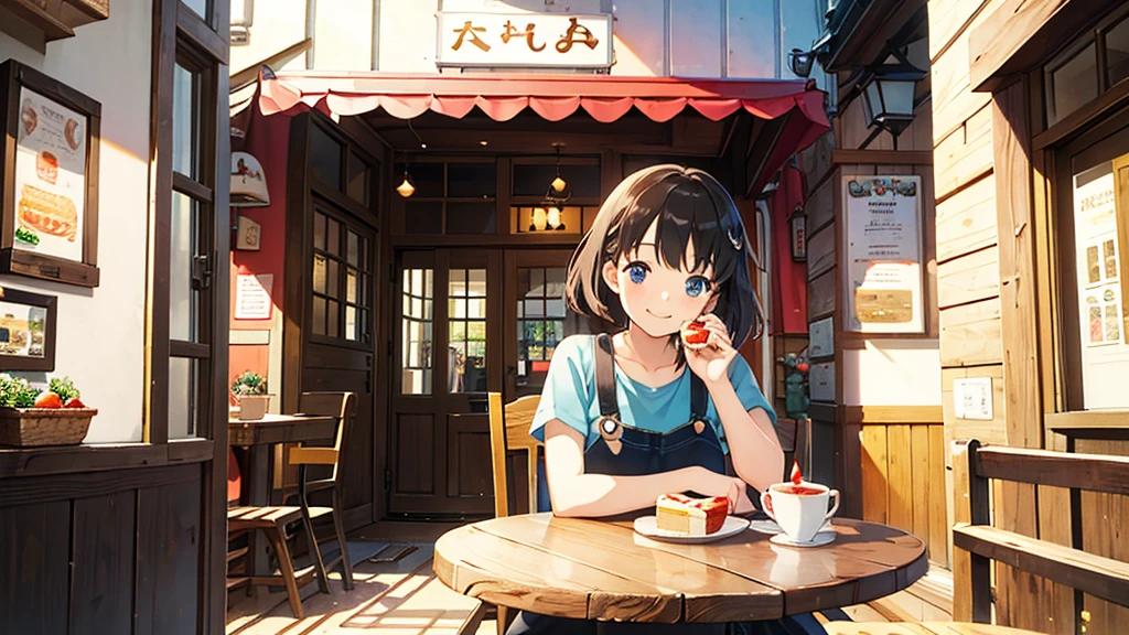 1 female, 18 years old, cute, smiling, eating shortcake, cafe, Studio Ghibli style illustration