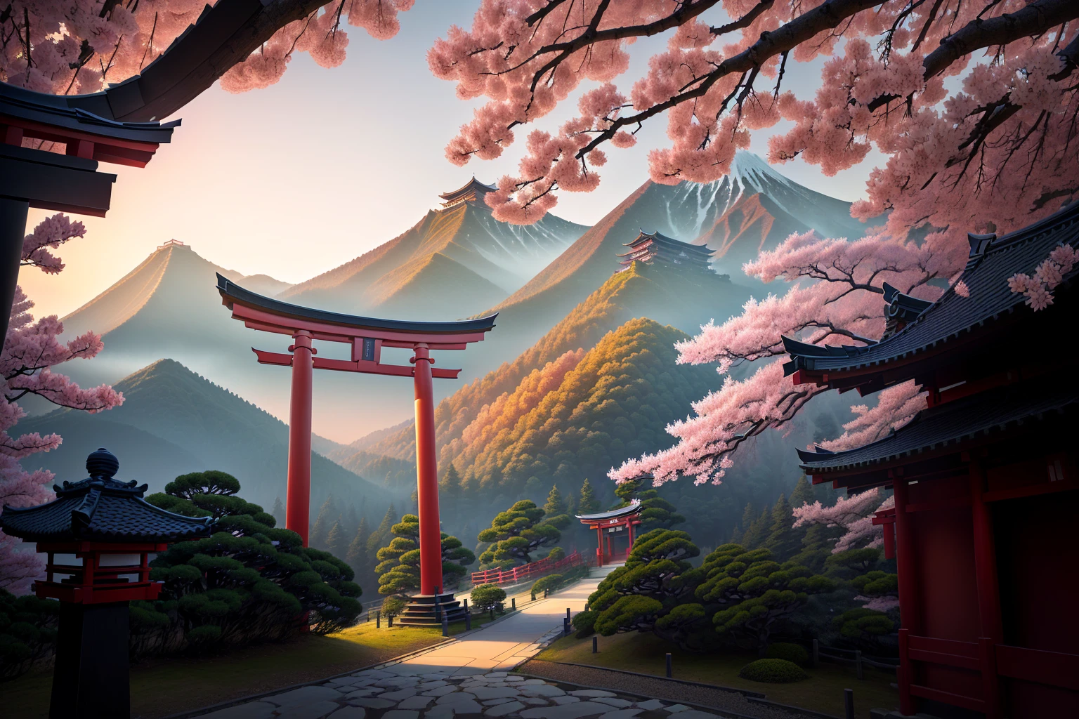 Arafad view with gate and path leading to the mountain, Mount Japan中的鸟居, Torii gate with trees on the mountain, Japanese Landscape, The Flowery Road to Heaven, Japanese Nature, Japanese travel aesthetics, lush Japanese Landscape, Inspired by Torii Kiymoto, Japanese temples, Mount Japan, Japanese Shrines, Centered Torii,((low angle shot 1.7))