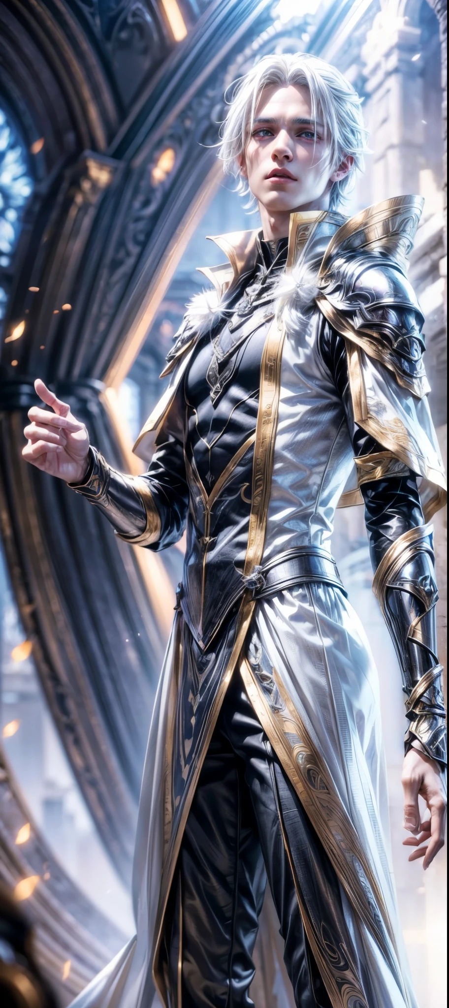 Male, male mage, white hair, yellow pupils, hyper detailed eyes, very handsome face, costume colors are dominated by black and white, Sharp facial lines, Cinematic lighting, professional shooting, candid shooting, the magical power aura is golden white, stunning, RAW, 8k, 12k, Ultra detailed, high level of image clarity, ultra high definition, (Photorealistic:1.35, masterpiece:1.25, aura:1.25, CGI effect:1.0, fantasy:1.0, 8k wallpaper, 8k photo quality, realistic:1.35, 12k),