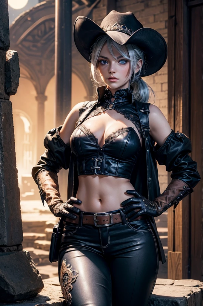 gothic, fit, thick, western, dark, ponytail, white hair, (blue eyes:1.3), pink eyes, (heterochromia:1.2), BREAK gloves, hat, navel, detached sleeves, midriff, belt, leather, brown pants, black pants, white gloves, black headwear, cowboy hat, hands on hips, BREAK sitting, outdoors, night, stars, moon, gothic, western, desert town, , BREAK looking at viewer, (cowboy shot:1.5), BREAK (masterpiece:1.2), best quality, high resolution, unity 8k wallpaper, (illustration:0.8), (beautiful detailed eyes:1.6), extremely detailed face, perfect lighting, extremely detailed CG, (perfect hands, perfect anatomy), cameltoe, 4K, ULTRA DETAIL