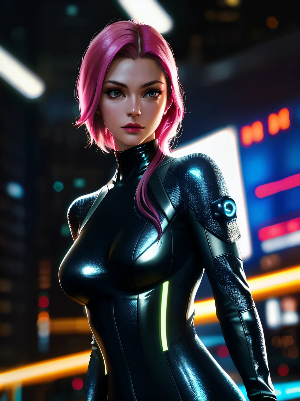 extremely detailed photo of a woman, loraelizabeth, cyberpunk, futuristic, cyberpunk bodysuit, 8k uhd, RAW photography, model photoshoot, detailed skin, skin imperfections