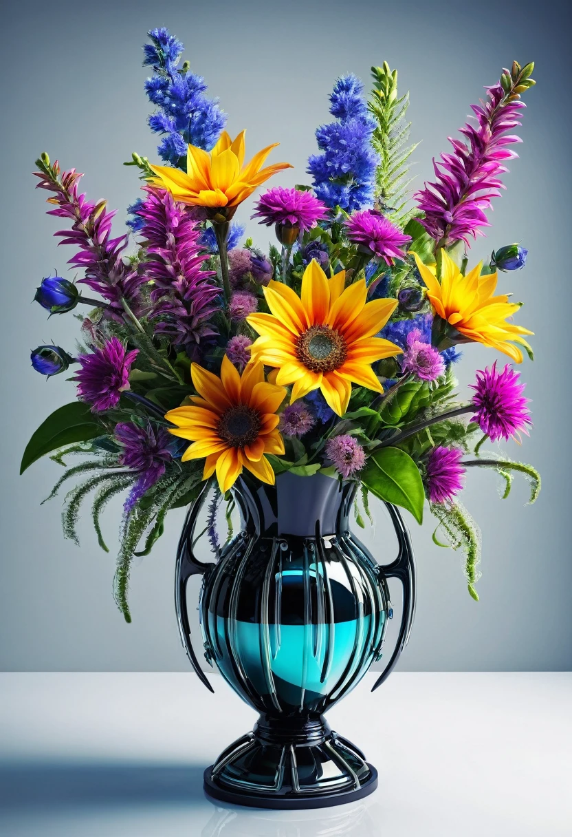Bouquet of magnificent fantastic flowers in a technopunk vase