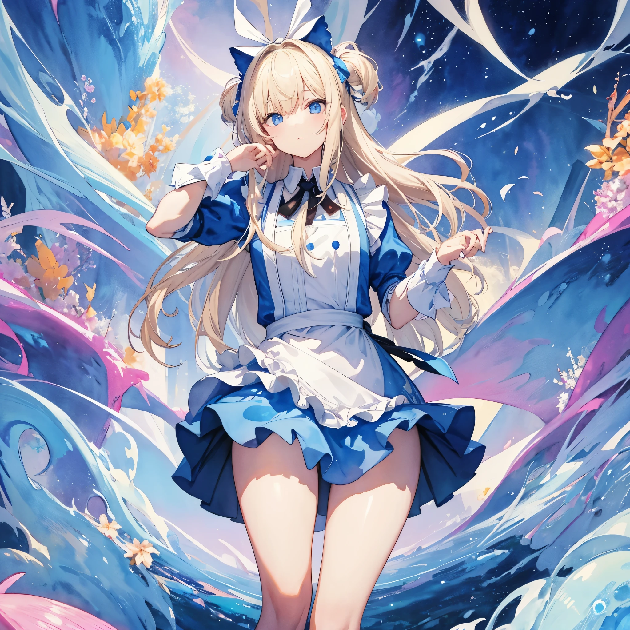 (Masseter muscle area、Highest quality、Watercolor、Mysterious、Beautiful and aesthetic、Official Art、Impressionism 1.2)、(One Girl:1.3)、(Fractal Art:1.4)、Glowing Skin、pattern、(Alice in Wonderland:1.2)、(Usagi、?????、Tea cup、Pocket watch:0.4)、Tie your hair with a ribbon、Blue clotheini skirt、White apron、White socks、Platinum Blonde、blue eyes、Exotic Wallpaper、Very colorful、Abstract background、Fantasy