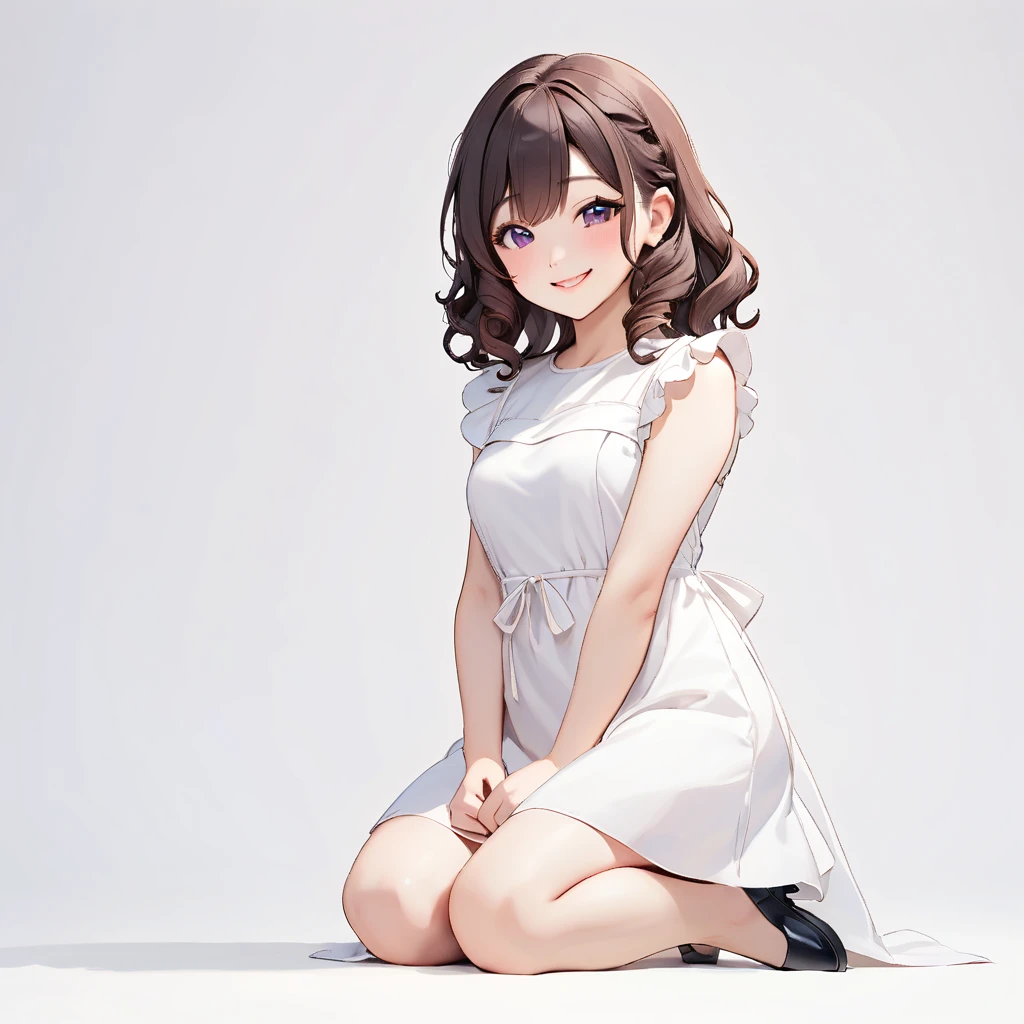 One Girl、最high quality、high quality、masterpiece、,((Full Body Lesbian,Shift dress,Long, curly white gas)),Calf White Silk,Put your hands out in front of you,young, White Background,With a smile,Blushed,View your viewers,,smile,White background only,whole body,From the side,One knee,,Look to the side(Little),(Littleキャラ)