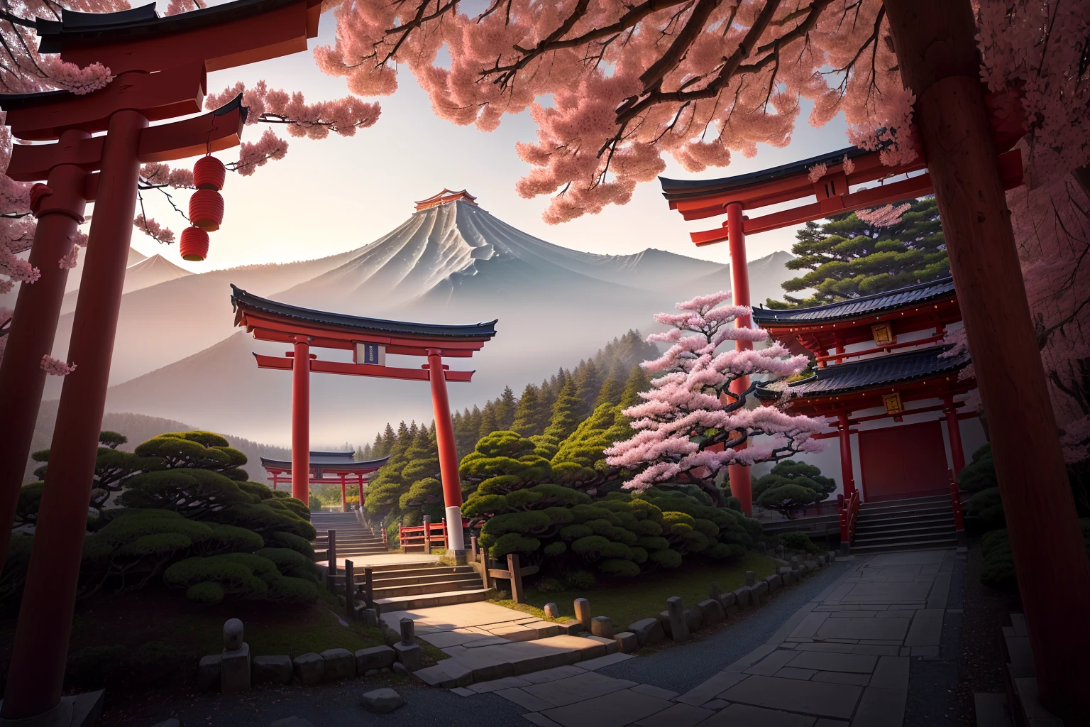 Arafad view with gate and path leading to the mountain, Mount Japan中的鸟居, Torii gate with trees on the mountain, Japanese Landscape, The Flowery Road to Heaven, Japanese Nature, Japanese travel aesthetics, lush Japanese Landscape, Inspired by Torii Kiymoto, Japanese temples, Mount Japan, Japanese Shrines, Centered Torii,((low angle shot 1.7)) ((Camera lens close to the ground to shoot 1.8))