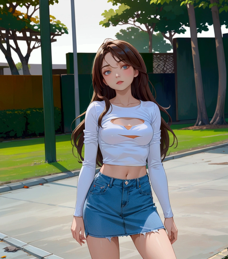 realistic anime illustration of pretty young woman is standing at her home 's park lot, she has a brown long wavy hair and wearing white shrug and tanktop, light-blue denim pencil skirt, (1girl, solo, full body), (masterpiece, best quality, Japanese anime style)